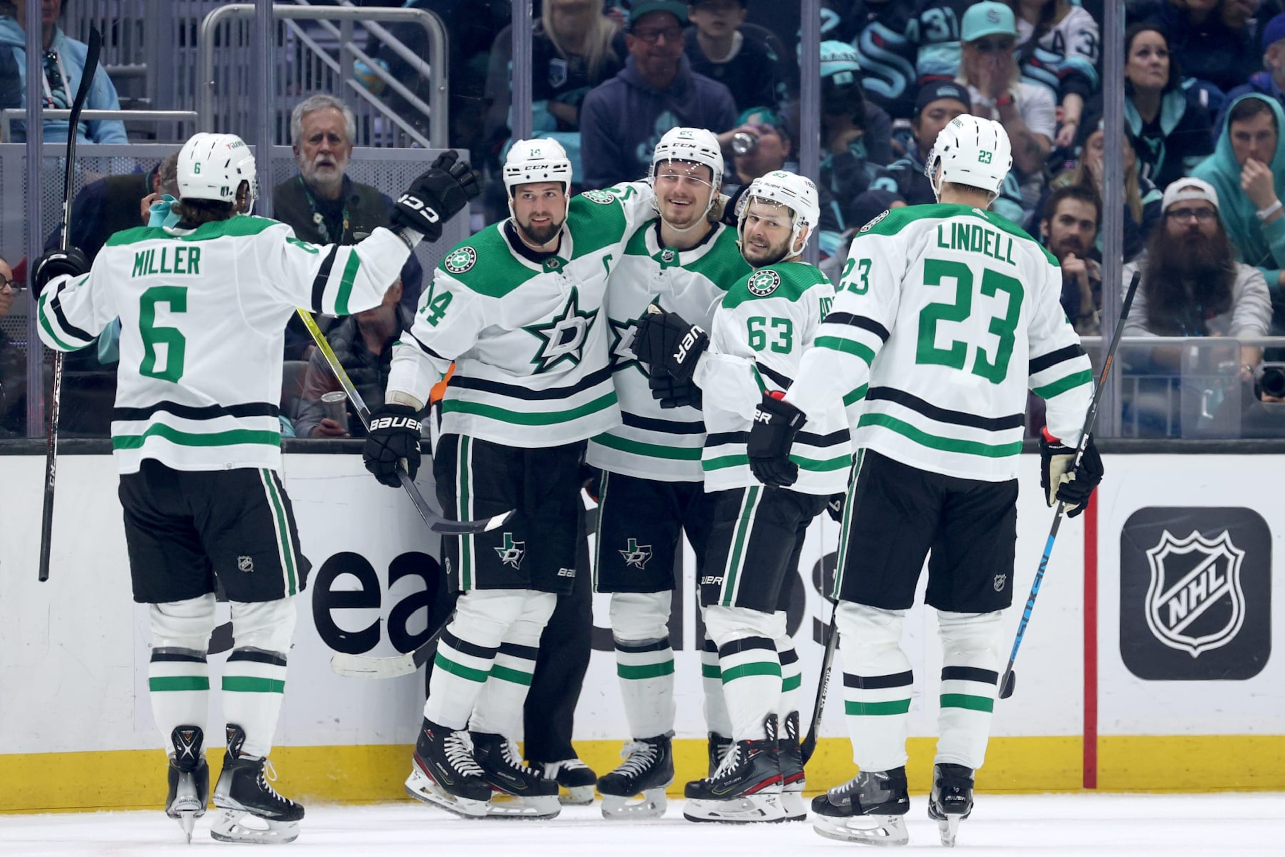 SEATTLE, WASHINGTON - MAY 09: Roope Hintz #24 of the Dallas Stars celebrates his goal during the second period against the Seattle Kraken in Game Four of the Second Round of the 2023 Stanley Cup Playoffs at Climate Pledge Arena on May 09, 2023 in Seattle, Washington. (Photo by Steph Chambers/Getty Images)