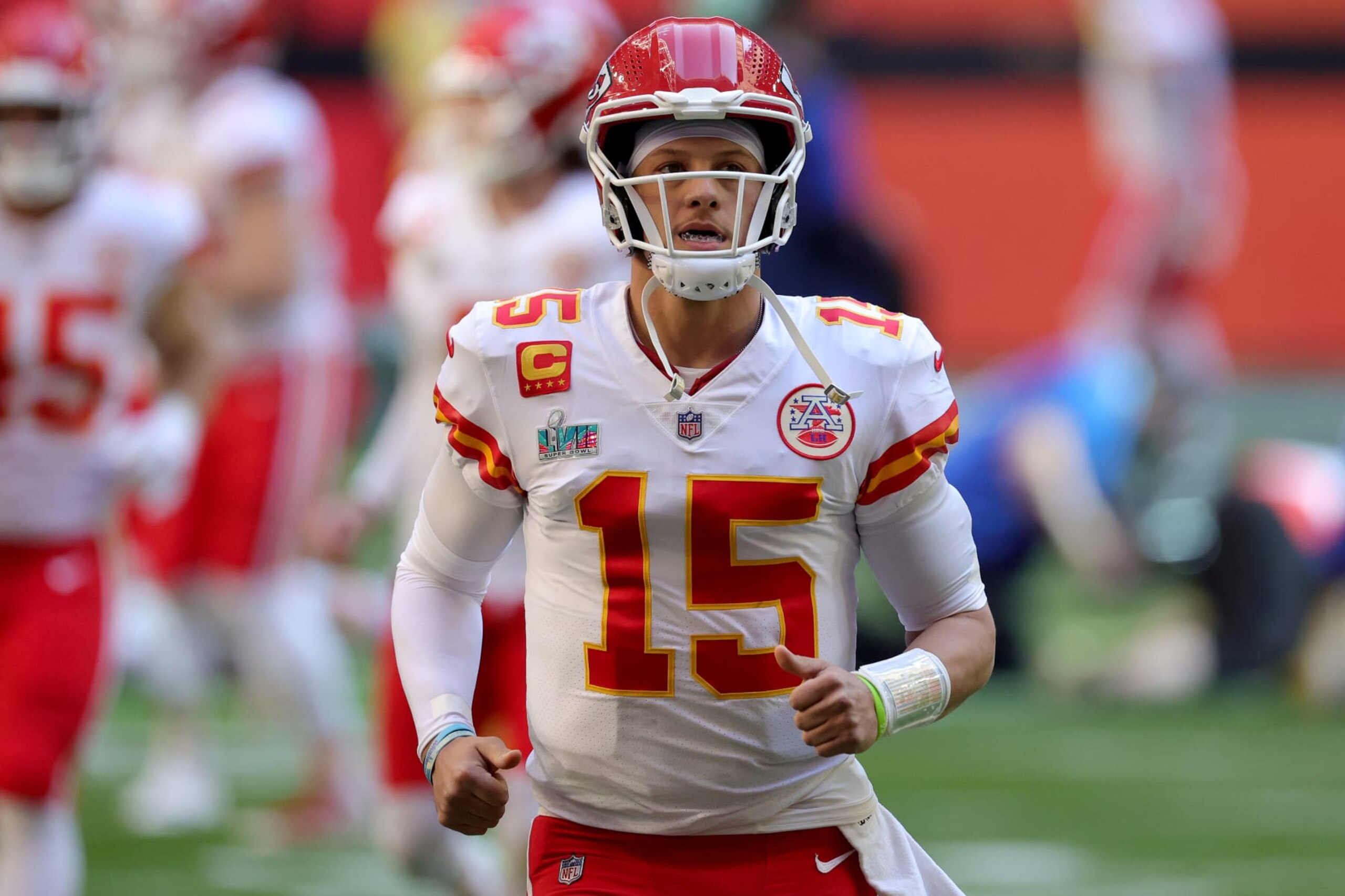 GLENDALE, ARIZONA - FEBRUARY 12: Patrick Mahomes #15 of the Kansas City Chiefs runs onto the field before playing against the Philadelphia Eagles in Super Bowl LVII at State Farm Stadium on February 12, 2023 in Glendale, Arizona. (Photo by Carmen Mandato/Getty Images)