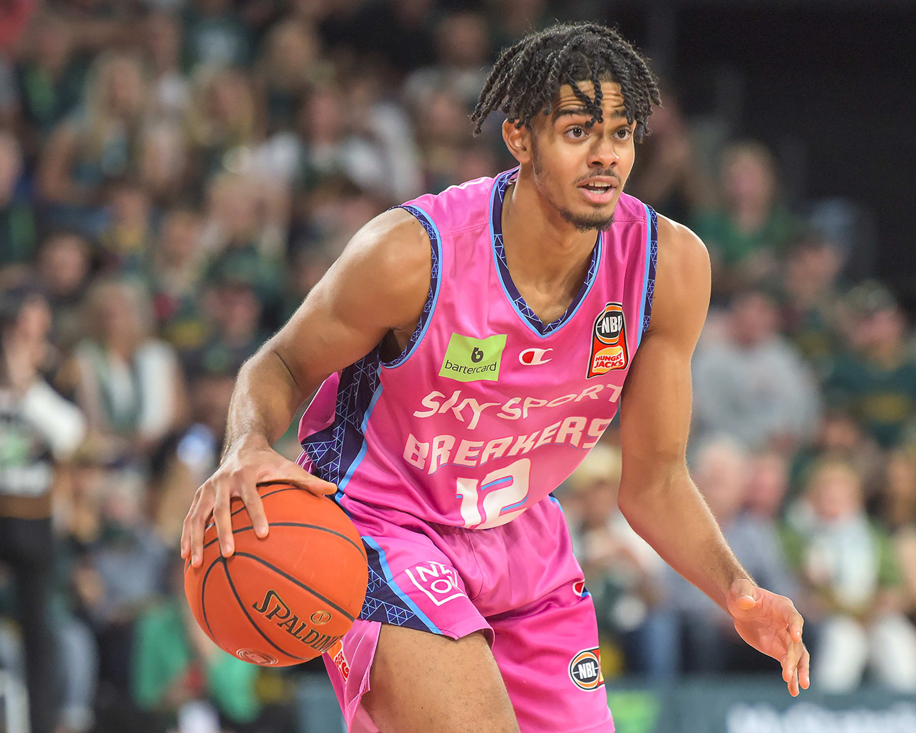 HOBART, AUSTRALIA - FEBRUARY 16: Rayan Rupert of the Breakers looks to pass during game two of the NBL Semi Final series between Tasmania Jackjumpers and New Zealand Breakers at MyState Bank Arena, on February 16, 2023, in Hobart, Australia. (Photo by Simon Sturzaker/Getty Images)