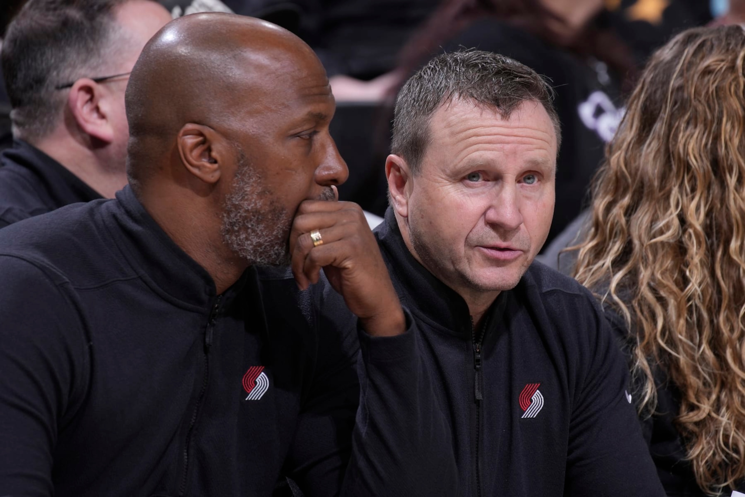 SACRAMENTO, CA - FEBRUARY 23: Head Coach Chauncey Billups and Assistant Coach Scott Brooks of the Portland Trail Blazers look on during the game against the Sacramento Kings on February 23, 2023 at Golden 1 Center in Sacramento, California. NOTE TO USER: User expressly acknowledges and agrees that, by downloading and or using this photograph, User is consenting to the terms and conditions of the Getty Images Agreement. Mandatory Copyright Notice: Copyright 2023 NBAE (Photo by Rocky Widner/NBAE via Getty Images)
