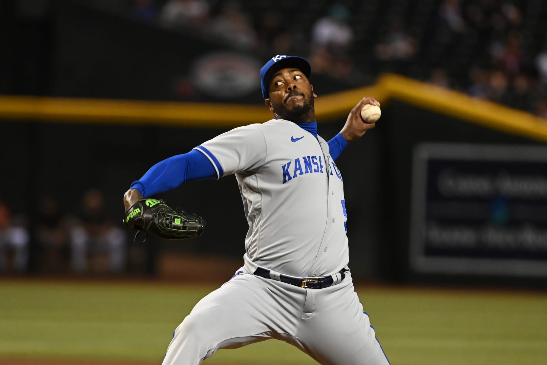 PHOENIX, ARIZONA - APRIL 24: Aroldis Chapman #54 of the Kansas City Royals delivers a pitch against the Arizona Diamondbacks at Chase Field on April 24, 2023 in Phoenix, Arizona. (Photo by Norm Hall/Getty Images)