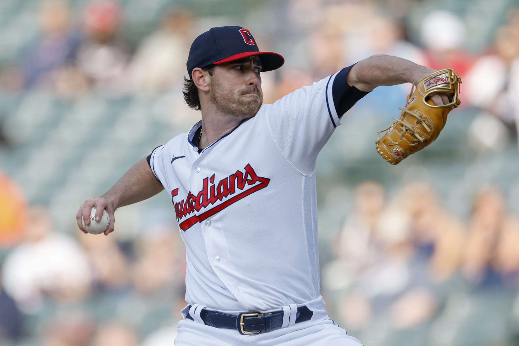 CLEVELAND, OH - MAY 09: Shane Bieber #57 of the Cleveland Guardians pitches against the Detroit Tigers during the first inning at Progressive Field on May 09, 2023 in Cleveland, Ohio. (Photo by Ron Schwane/Getty Images)