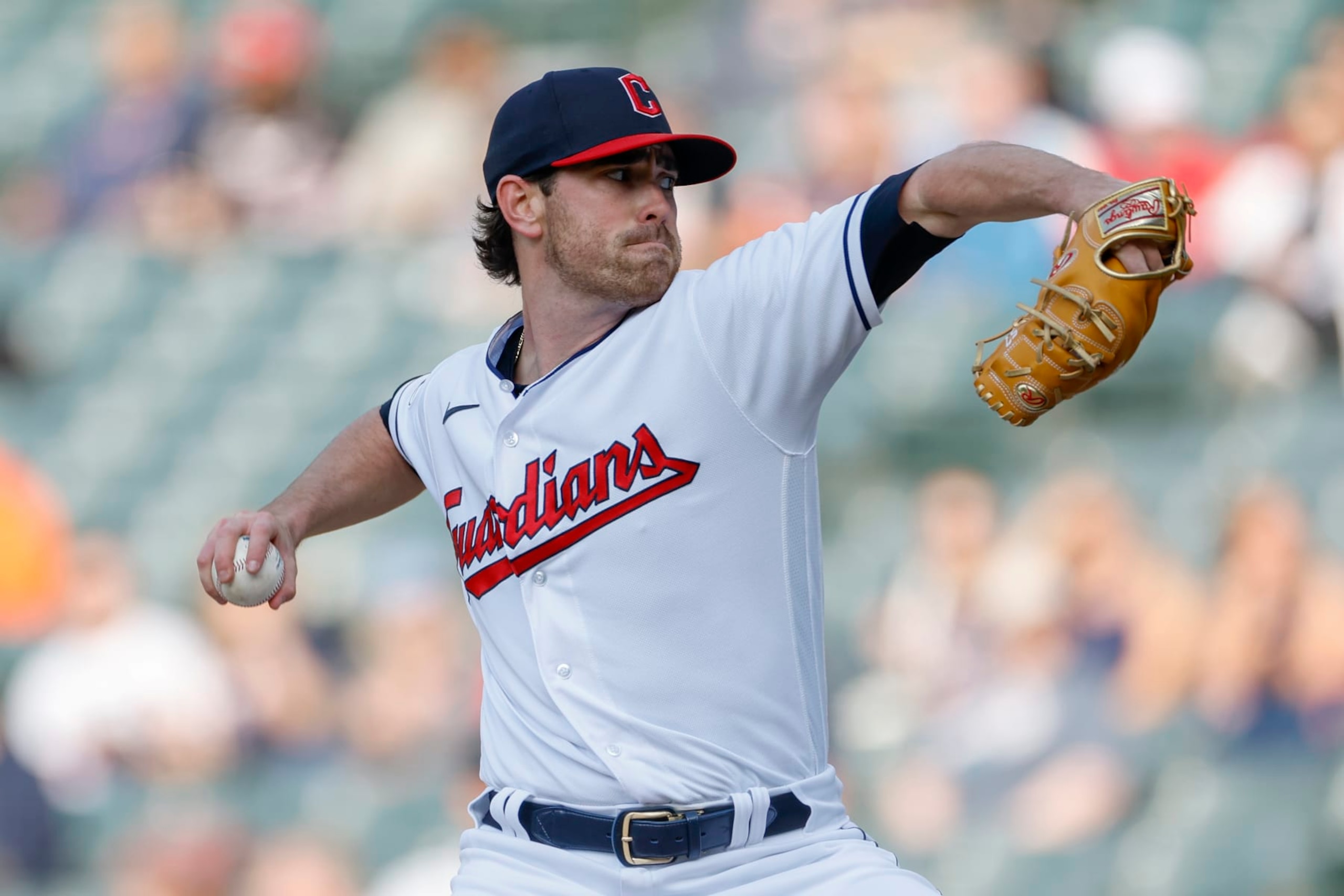 CLEVELAND, OH - MAY 09: Shane Bieber #57 of the Cleveland Guardians pitches against the Detroit Tigers during the first inning at Progressive Field on May 09, 2023 in Cleveland, Ohio. (Photo by Ron Schwane/Getty Images)