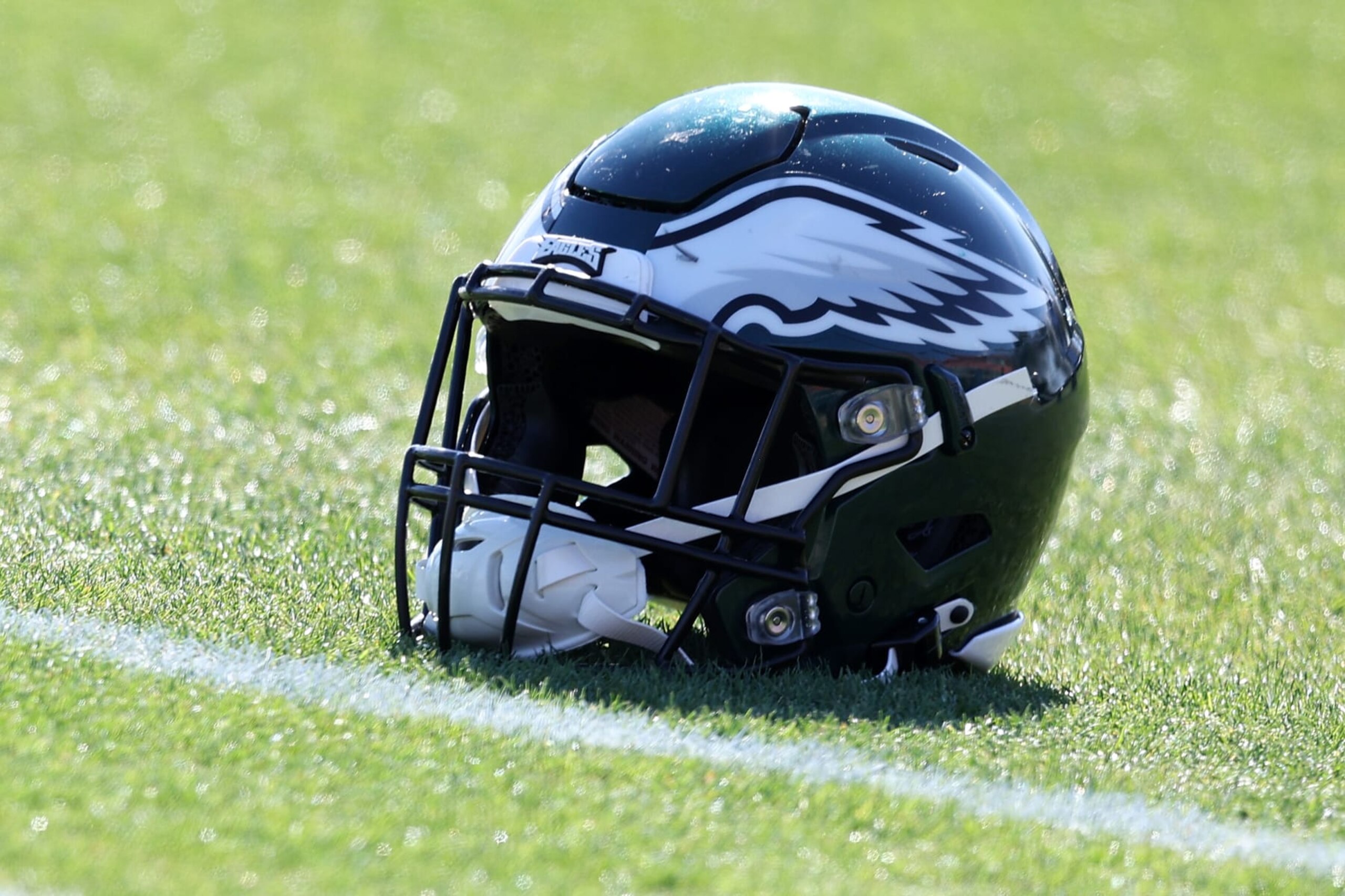 GLENDALE, ARIZONA - FEBRUARY 08: A detailed view of a Philadelphia Eagles helmet during practice prior to Super Bowl LVII on February 08, 2023 in Glendale, Arizona.  The Philadelphia Eagles play the Kansas City Chiefs in Super Bowl LVII on February 12, 2023 at the State Farm Stadium. (Photo by Rob Carr/Getty Images)