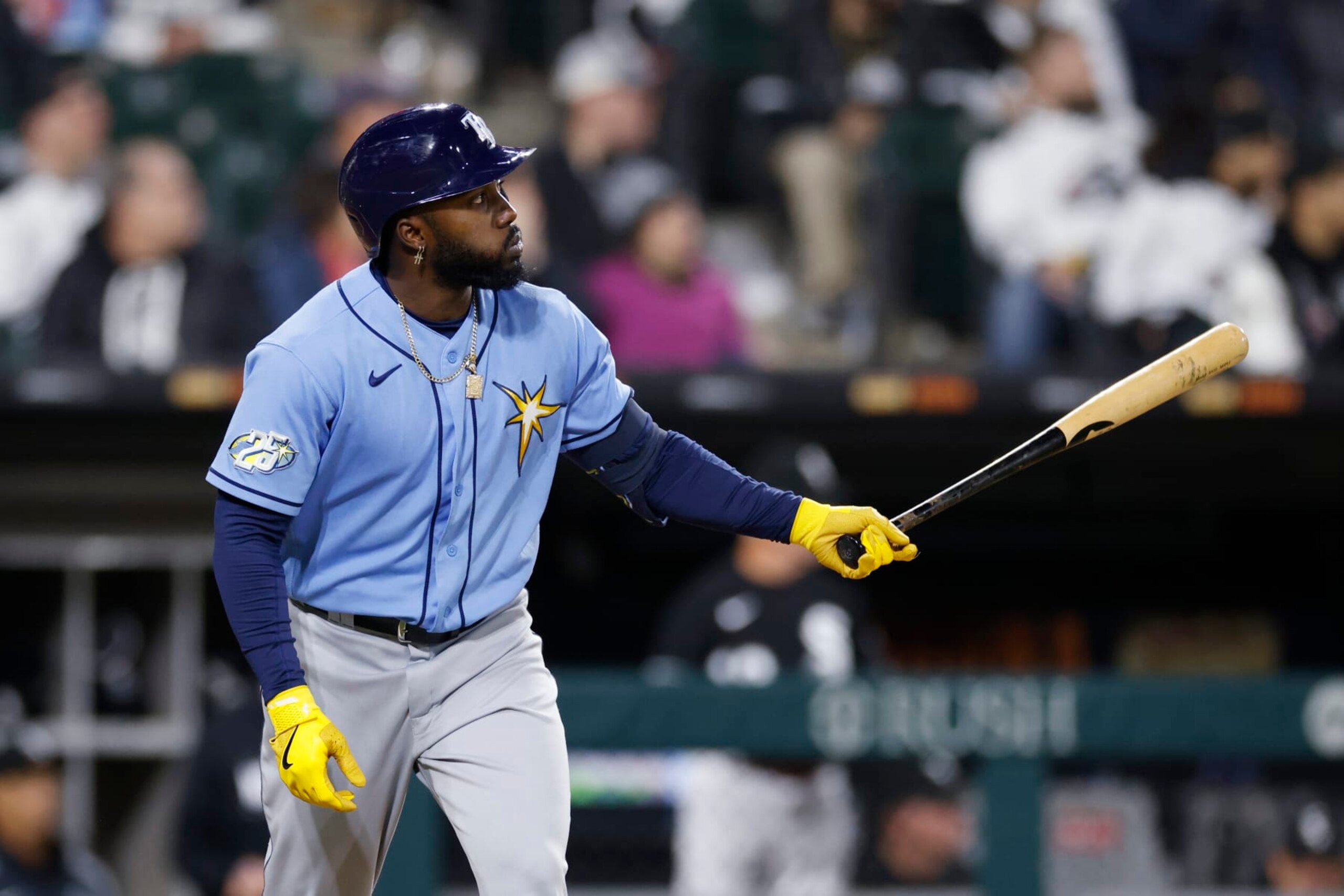 CHICAGO, IL - APRIL 29: Tampa Bay Rays left fielder Randy Arozarena (56) reacts after hitting a three-run home run in the seventh inning of an MLB game against the Chicago White Sox on April 29, 2023 at Guaranteed Rate Field in Chicago, Illinois. (Photo by Joe Robbins/Icon Sportswire via Getty Images)