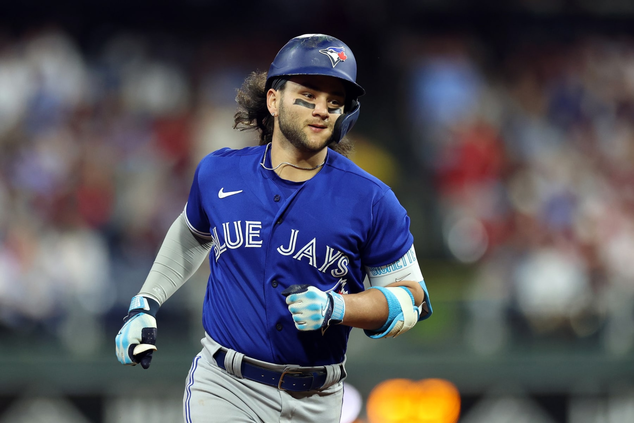 PHILADELPHIA, PENNSYLVANIA - MAY 09: Bo Bichette #11 of the Toronto Blue Jays rounds bases after hitting a solo home run during the sixth inning against the Philadelphia Phillies at Citizens Bank Park on May 09, 2023 in Philadelphia, Pennsylvania. (Photo by Tim Nwachukwu/Getty Images)