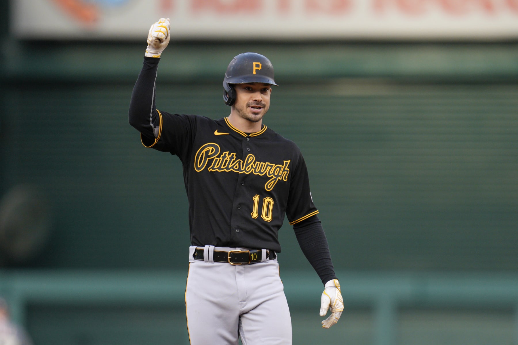 WASHINGTON, DC - APRIL 29: Bryan Reynolds #10 of the Pittsburgh Pirates gestures after hitting a double against the Washington Nationals during the third inning at Nationals Park on April 29, 2023 in Washington, DC. (Photo by Jess Rapfogel/Getty Images)