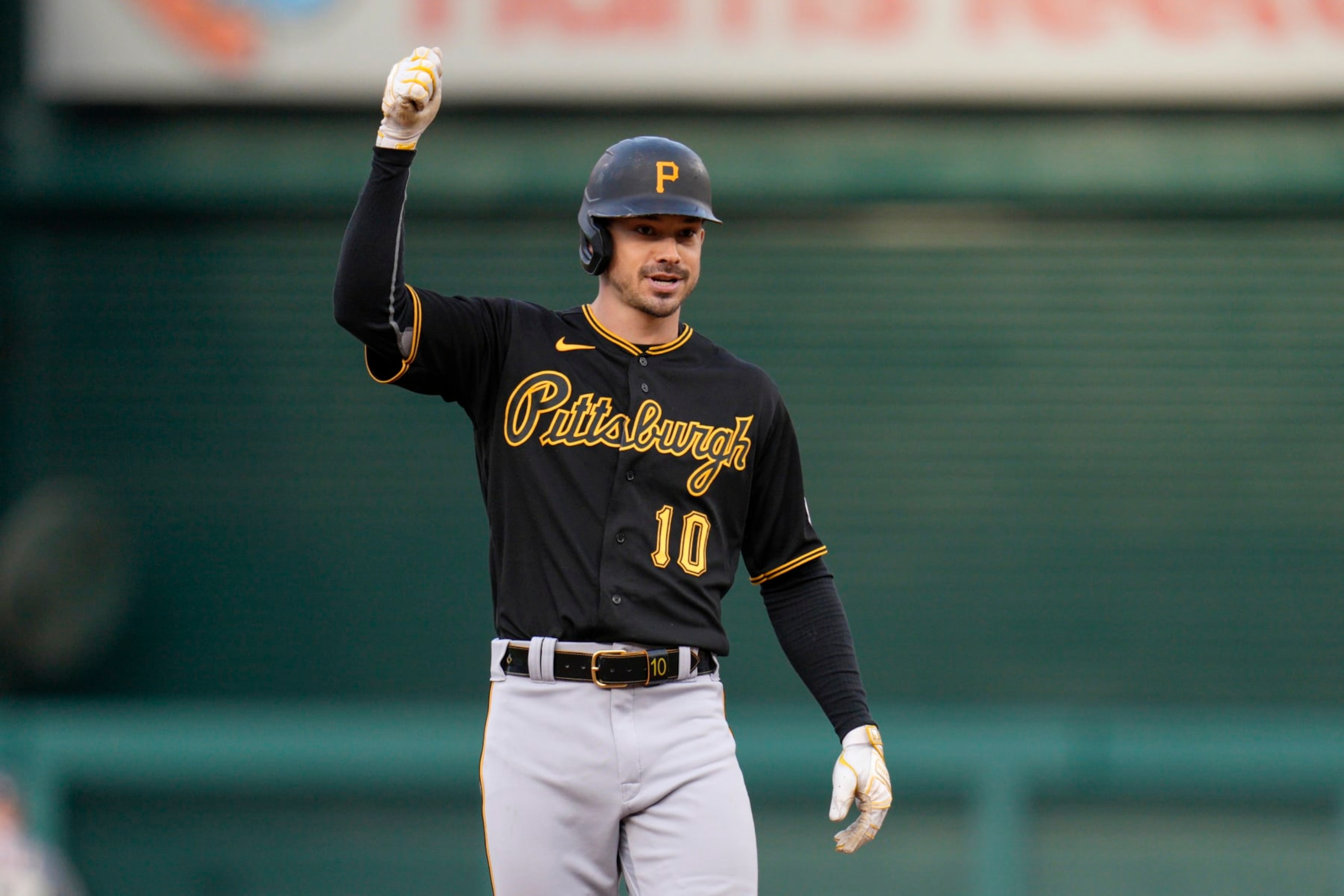 WASHINGTON, DC - APRIL 29: Bryan Reynolds #10 of the Pittsburgh Pirates gestures after hitting a double against the Washington Nationals during the third inning at Nationals Park on April 29, 2023 in Washington, DC. (Photo by Jess Rapfogel/Getty Images)