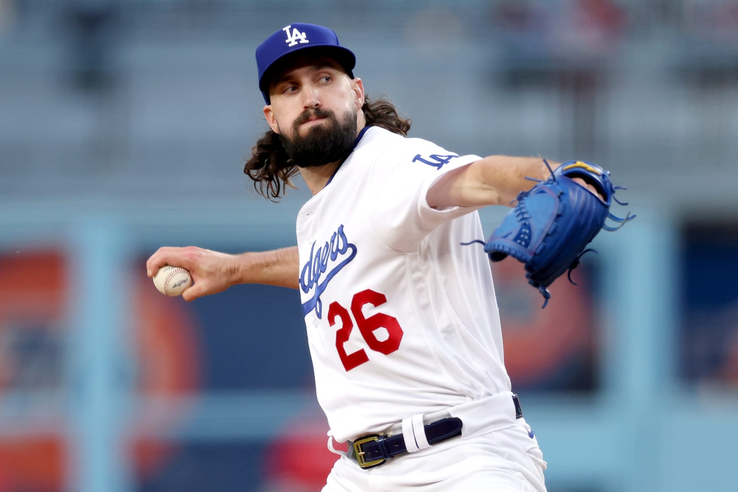 LOS ANGELES, CALIFORNIA - MAY 01: Tony Gonsolin #26 of the Los Angeles Dodgers throws a pitch during the first inning against the Philadelphia Phillies at Dodger Stadium on May 01, 2023 in Los Angeles, California. (Photo by Katelyn Mulcahy/Getty Images)