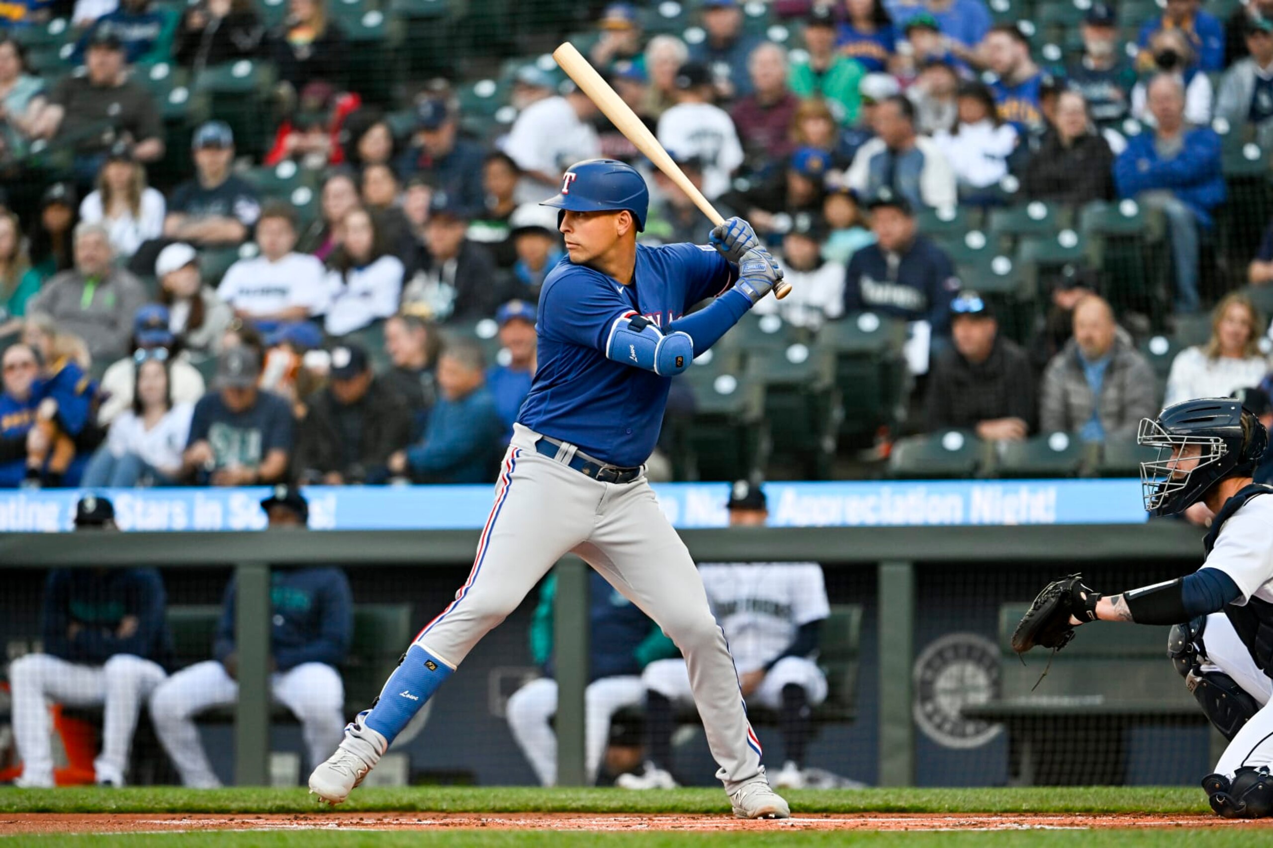 SEATTLE, WASHINGTON - MAY 09: Nathaniel Lowe #30 of the Texas Rangers bats during the first inning against the Seattle Mariners at T-Mobile Park on May 09, 2023 in Seattle, Washington. (Photo by Alika Jenner/Getty Images)