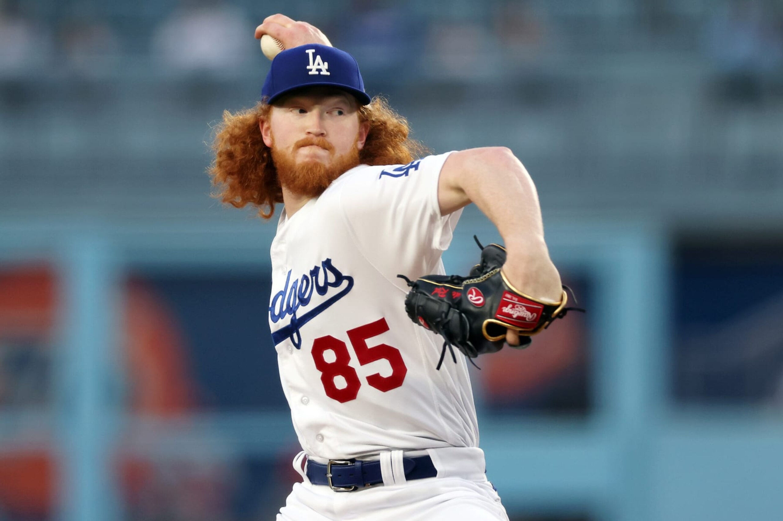 LOS ANGELES, CALIFORNIA - APRIL 28: Dustin May #85 of the Los Angeles Dodgers throws a pitch during the first inning of the game against the St. Louis Cardinals at Dodger Stadium on April 28, 2023 in Los Angeles, California. (Photo by Katelyn Mulcahy/Getty Images)