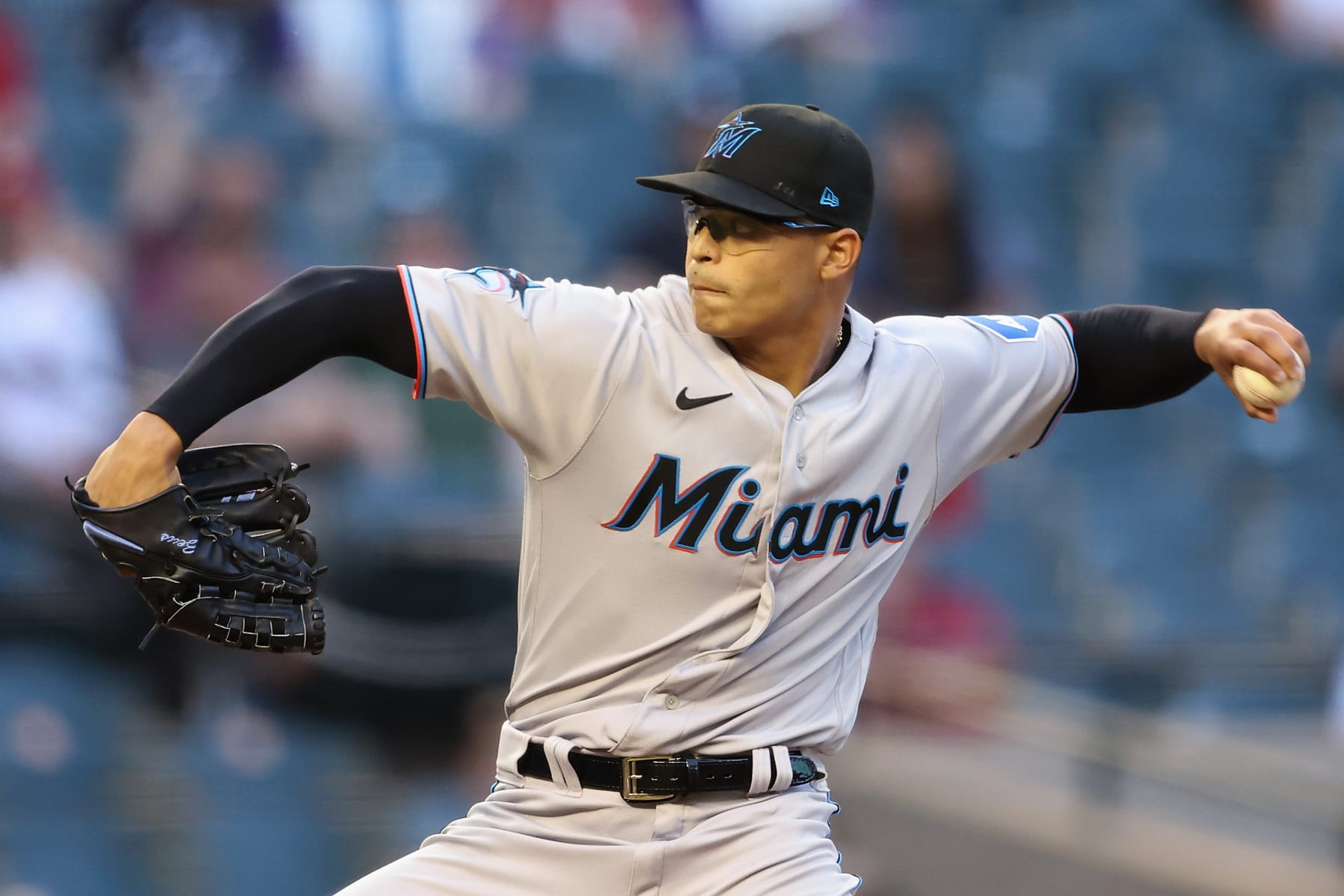 PHOENIX, ARIZONA - MAY 09: Starting pitcher Jesus Luzardo #44 of the Miami Marlins pitches against the Arizona Diamondbacks during the first inning of the MLB game at Chase Field on May 09, 2023 in Phoenix, Arizona. (Photo by Christian Petersen/Getty Images)