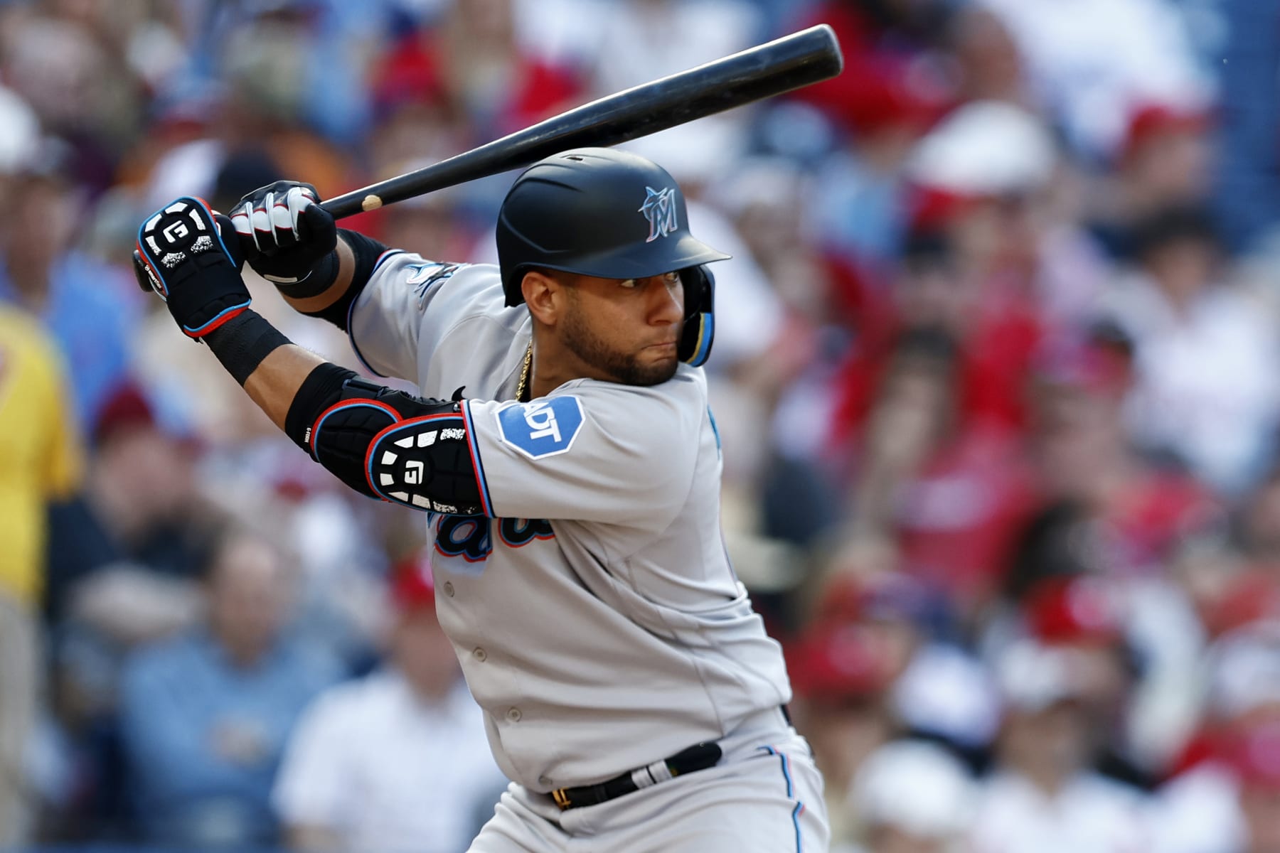 PHILADELPHIA, PA - APRIL 12: Yuli Gurriel #10 of the Miami Marlins in action against the Philadelphia Phillies during a game at Citizens Bank Park on April 12, 2023 in Philadelphia, Pennsylvania. The Marlins defeated the Phillies 3-2 in 10 innings. (Photo by Rich Schultz/Getty Images)