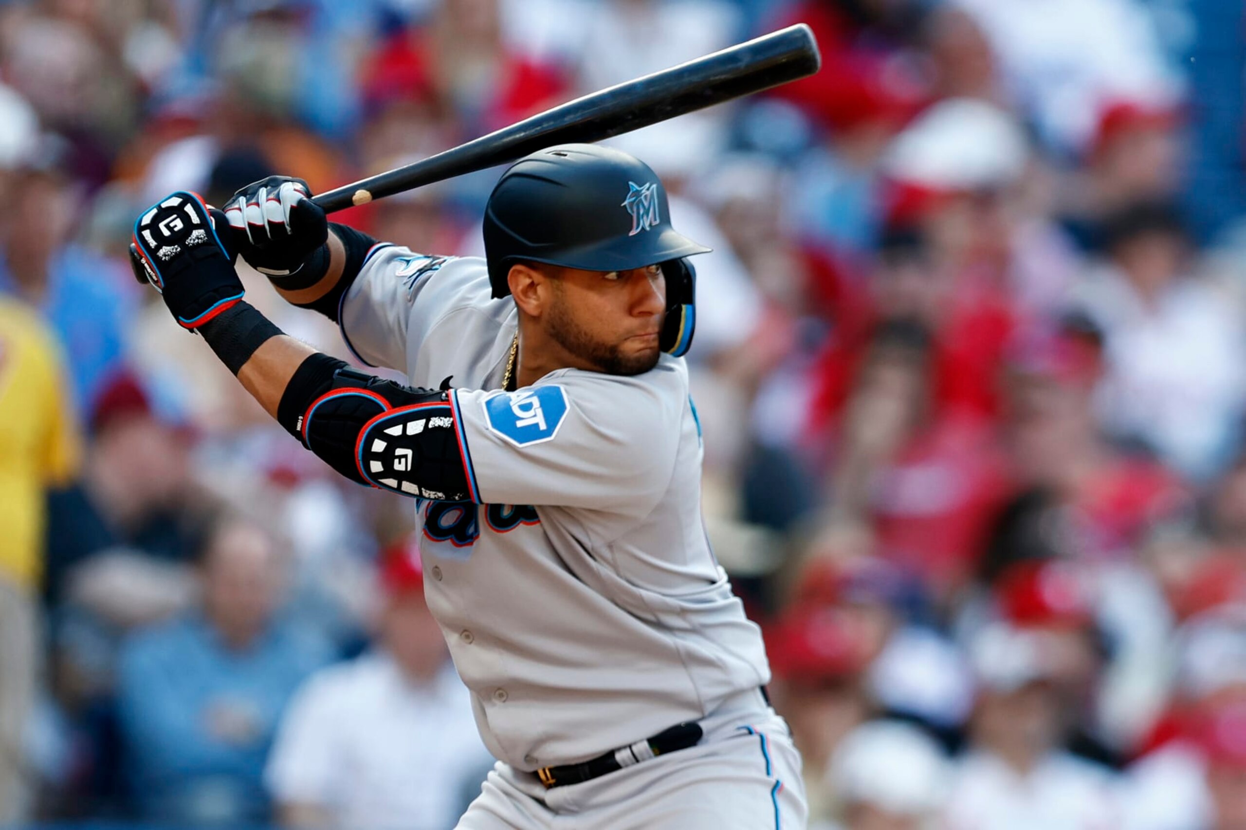 PHILADELPHIA, PA - APRIL 12: Yuli Gurriel #10 of the Miami Marlins in action against the Philadelphia Phillies during a game at Citizens Bank Park on April 12, 2023 in Philadelphia, Pennsylvania. The Marlins defeated the Phillies 3-2 in 10 innings. (Photo by Rich Schultz/Getty Images)