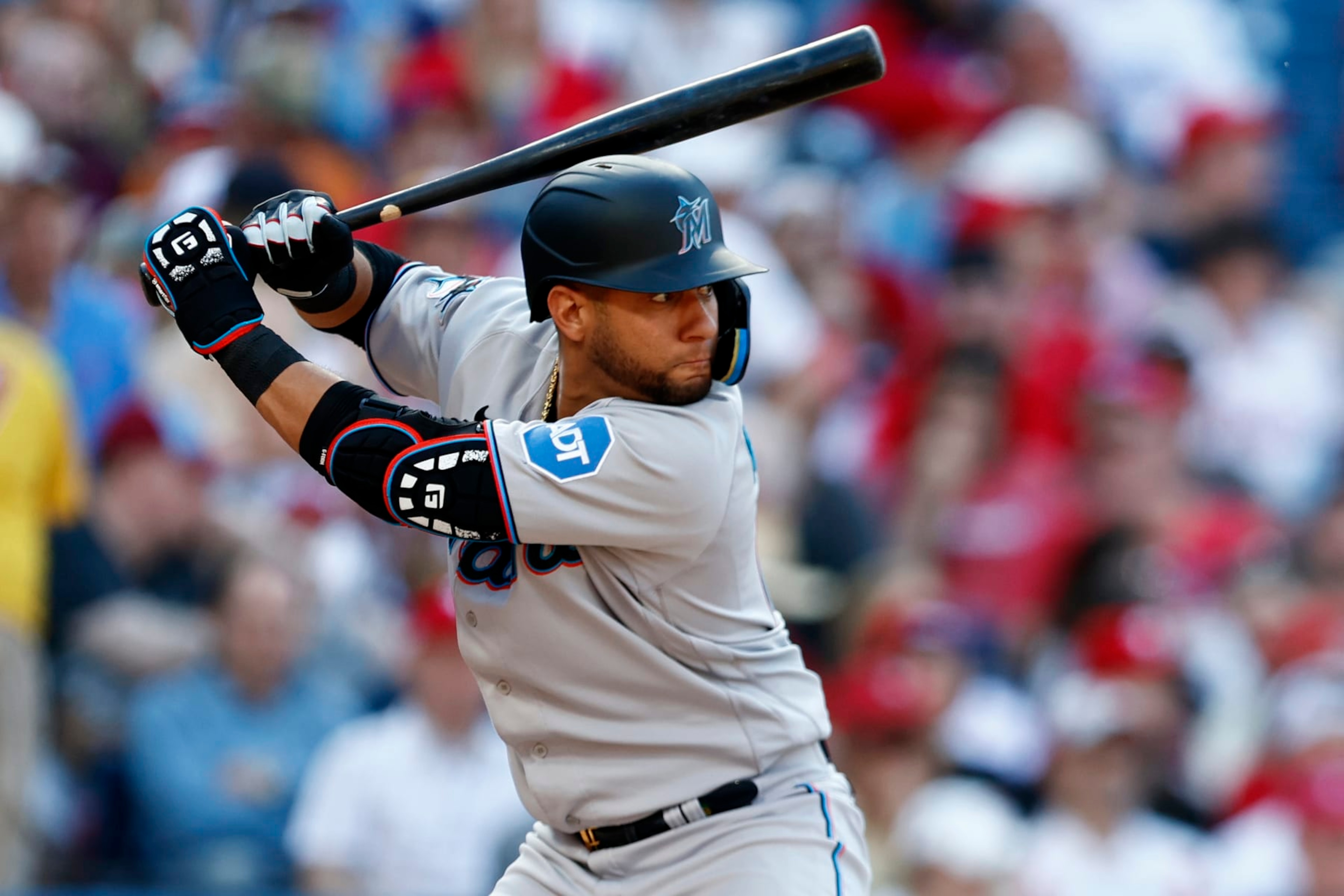 PHILADELPHIA, PA - APRIL 12: Yuli Gurriel #10 of the Miami Marlins in action against the Philadelphia Phillies during a game at Citizens Bank Park on April 12, 2023 in Philadelphia, Pennsylvania. The Marlins defeated the Phillies 3-2 in 10 innings. (Photo by Rich Schultz/Getty Images)