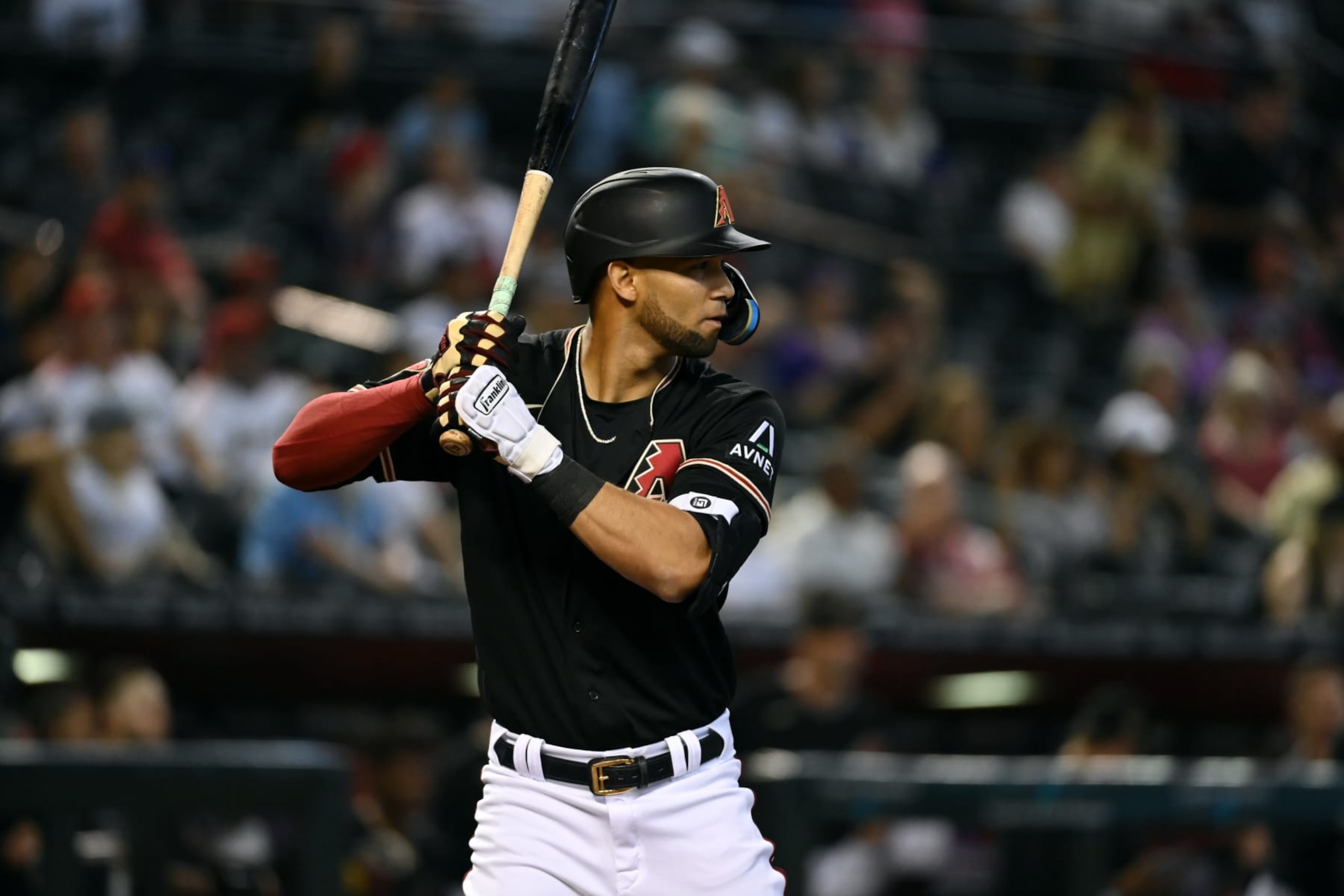 PHOENIX, ARIZONA - MAY 07: Lourdes Gurriel Jr #12 of the Arizona Diamondbacks gets ready in the batters box against the Washington Nationals at Chase Field on May 07, 2023 in Phoenix, Arizona. (Photo by Norm Hall/Getty Images)