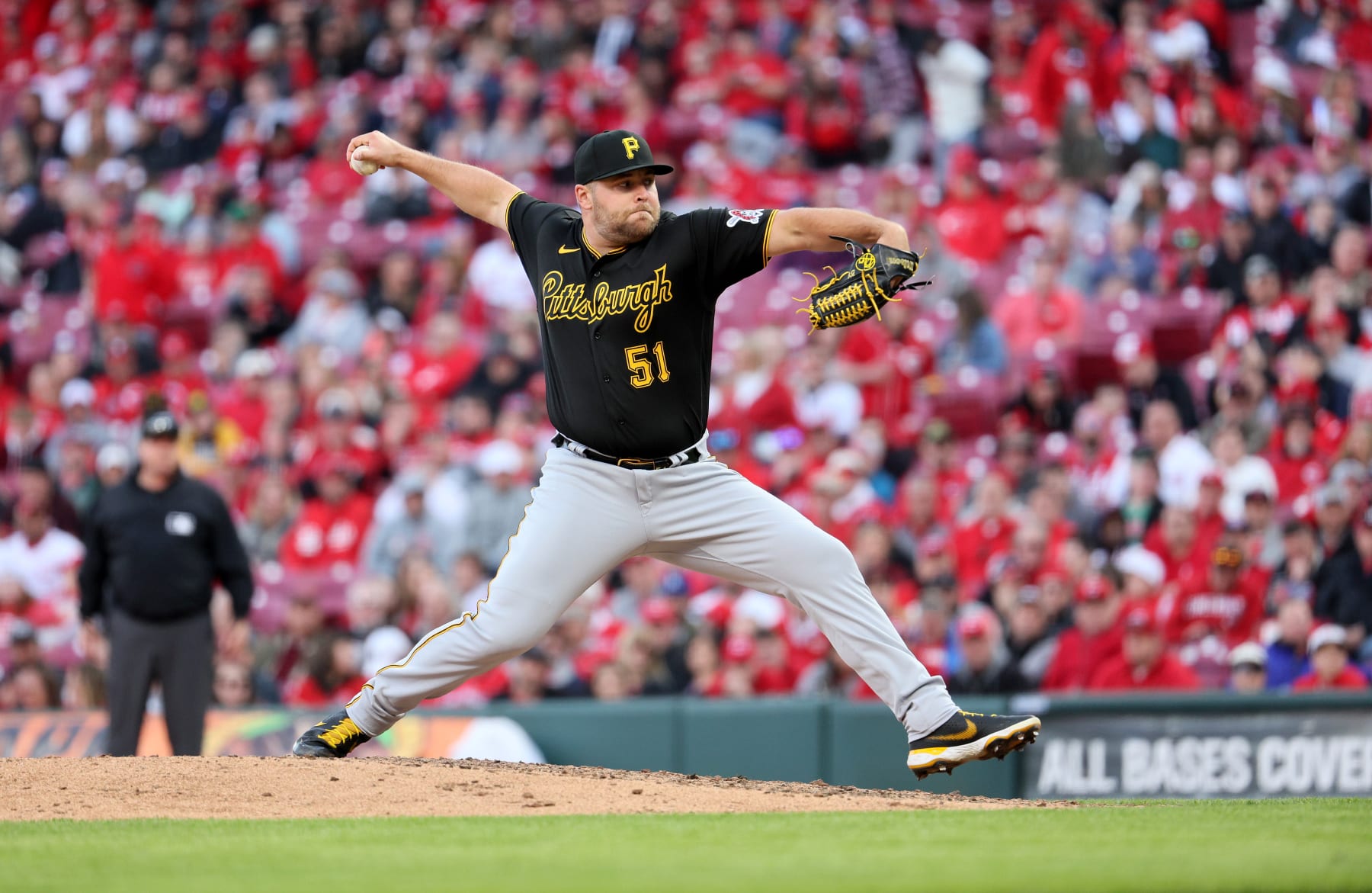 CINCINNATI, OHIO - MARCH 30:  David Bednar #51of the Pittsburgh Pirates throws a pitch in the 9th inning against the Cincinnati Reds on Opening Day at Great American Ball Park on March 30, 2023 in Cincinnati, Ohio. (Photo by Andy Lyons/Getty Images)