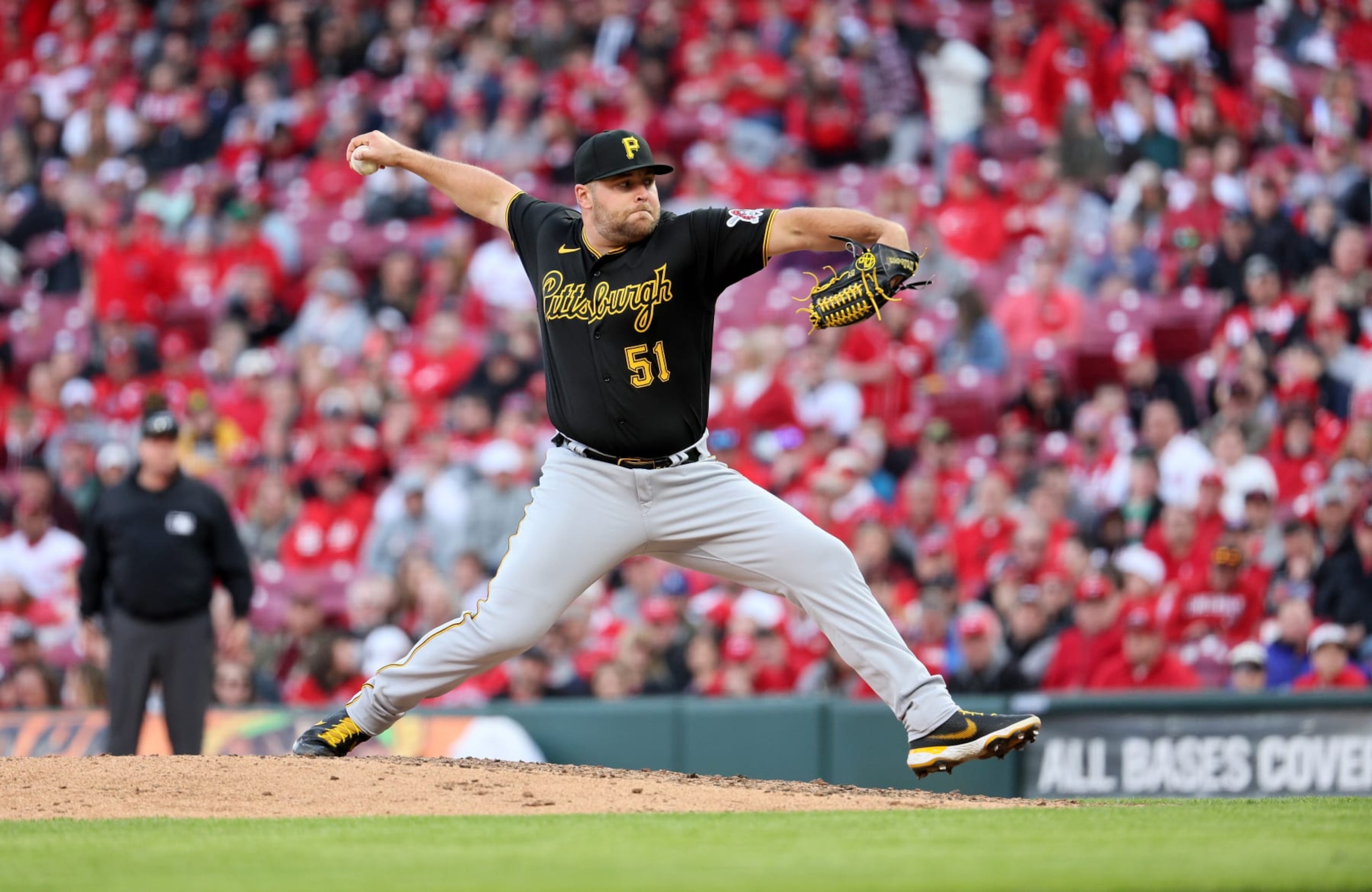 CINCINNATI, OHIO - MARCH 30:  David Bednar #51of the Pittsburgh Pirates throws a pitch in the 9th inning against the Cincinnati Reds on Opening Day at Great American Ball Park on March 30, 2023 in Cincinnati, Ohio. (Photo by Andy Lyons/Getty Images)