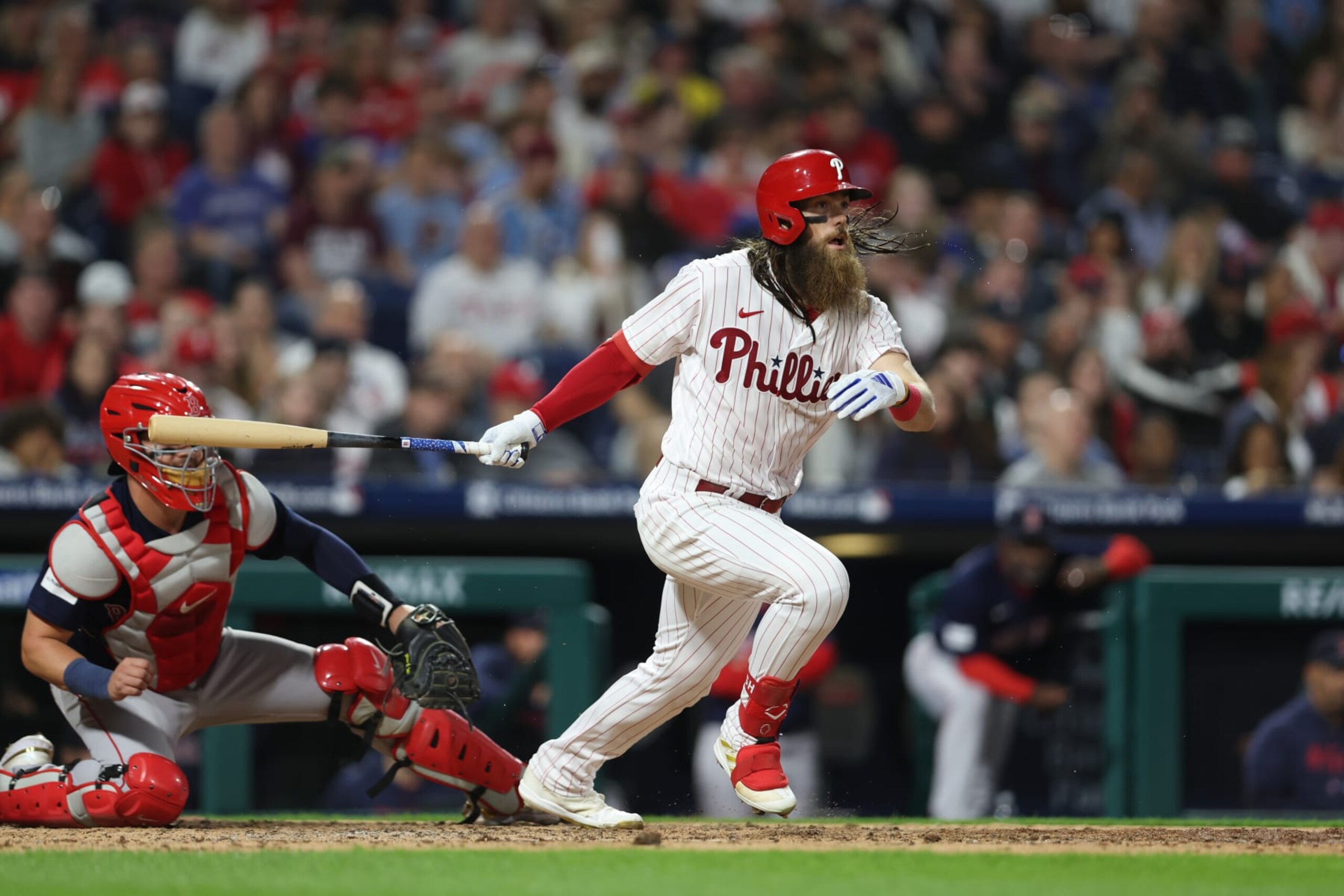 PHILADELPHIA, PA - MAY 06: Brandon Marsh #16 of the Philadelphia Phillies hits the ball during the game between the Boston Red Sox and the Philadelphia Phillies at Citizens Bank Park on Saturday, May 6, 2023 in Philadelphia, Pennsylvania. (Photo by Rob Tringali/MLB Photos via Getty Images)