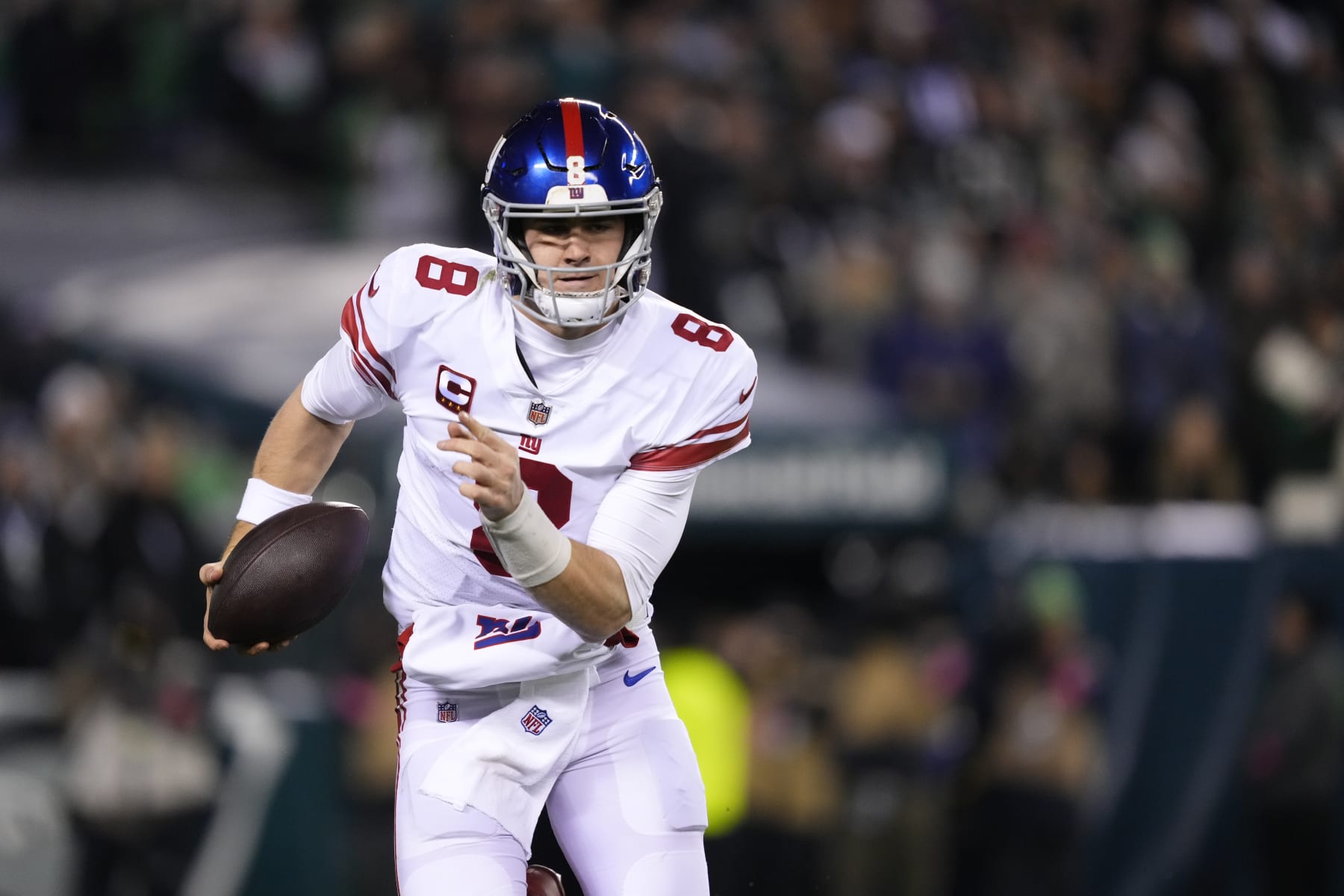 New York Giants quarterback Daniel Jones in action during an NFL divisional round playoff football game, Saturday, Jan. 21, 2023, in Philadelphia. (AP Photo/Matt Rourke)