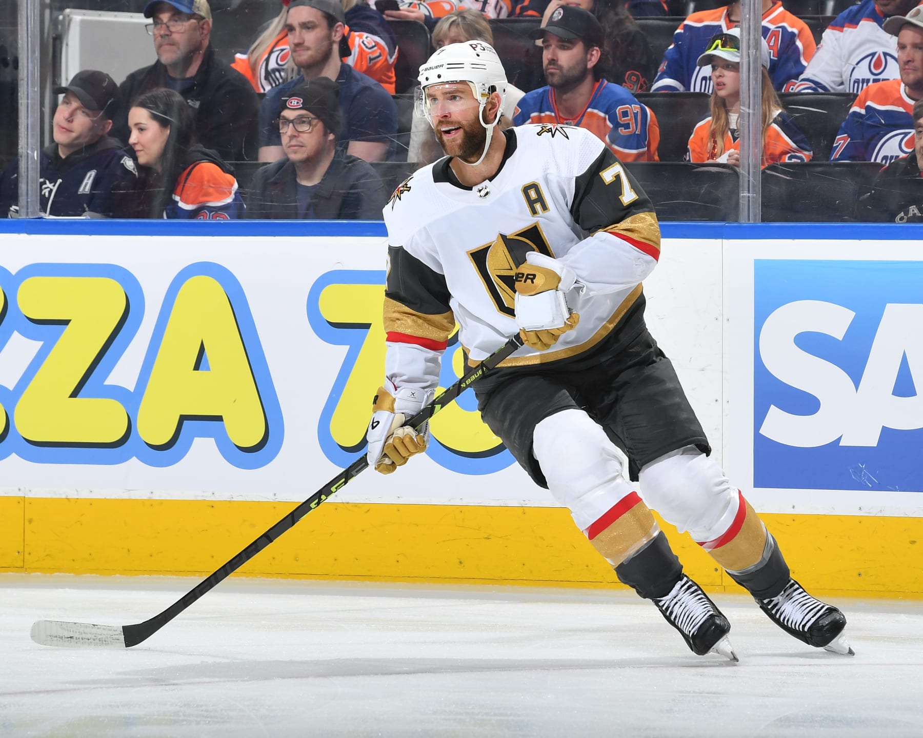 EDMONTON, CANADA - MAY 8: Alex Pietrangelo #7 of the Vegas Golden Knights skates in Game Three of the Second Round of the 2023 Stanley Cup Playoffs against the Edmonton Oilers at Rogers Place on May 8, 2023, in Edmonton, Alberta, Canada. (Photo by Andy Devlin/NHLI via Getty Images)