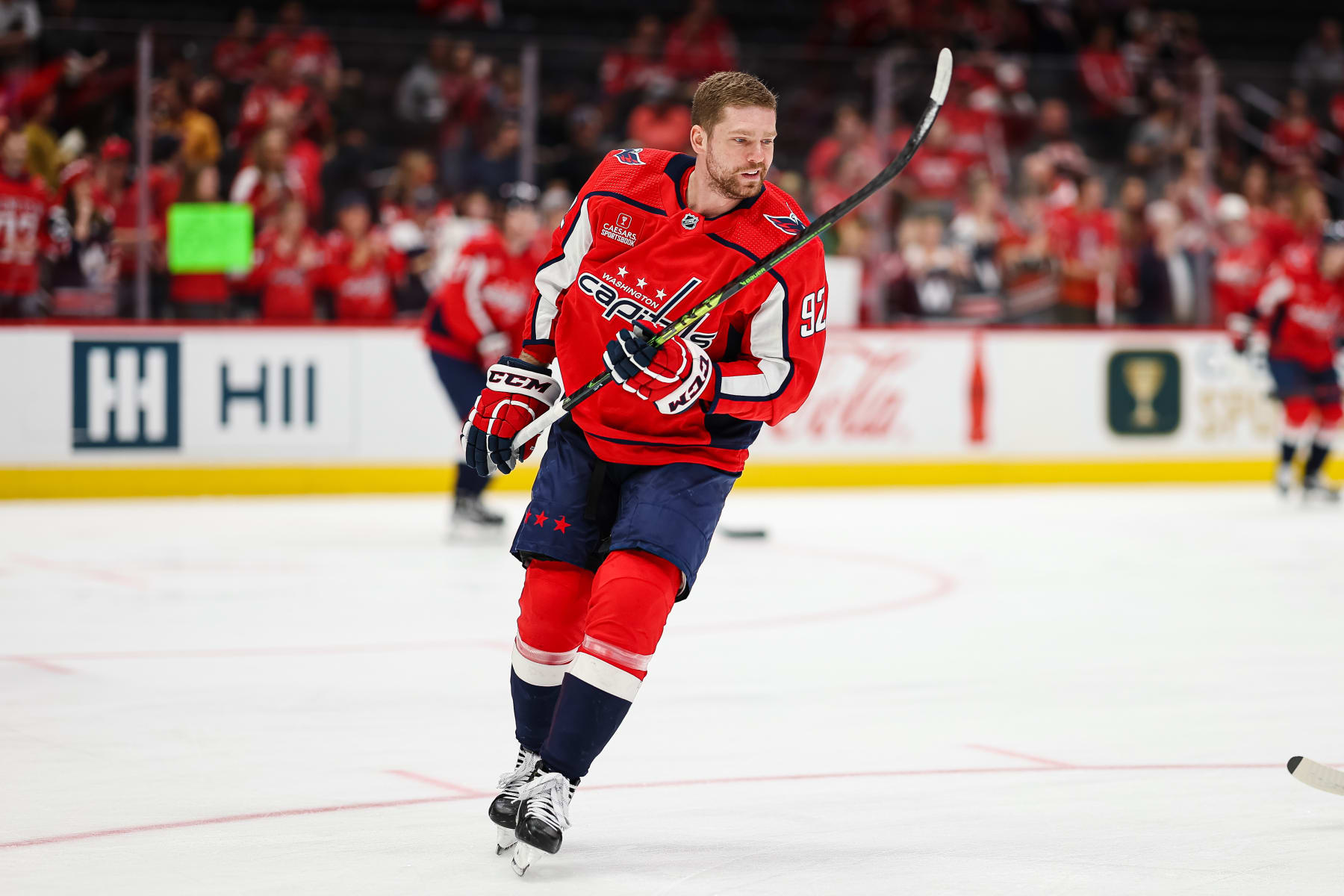 WASHINGTON, DC - APRIL 13: Evgeny Kuznetsov #92 of the Washington Capitals skates before the game against the New Jersey Devils at Capital One Arena on April 13, 2023 in Washington, DC. (Photo by Scott Taetsch/Getty Images)
