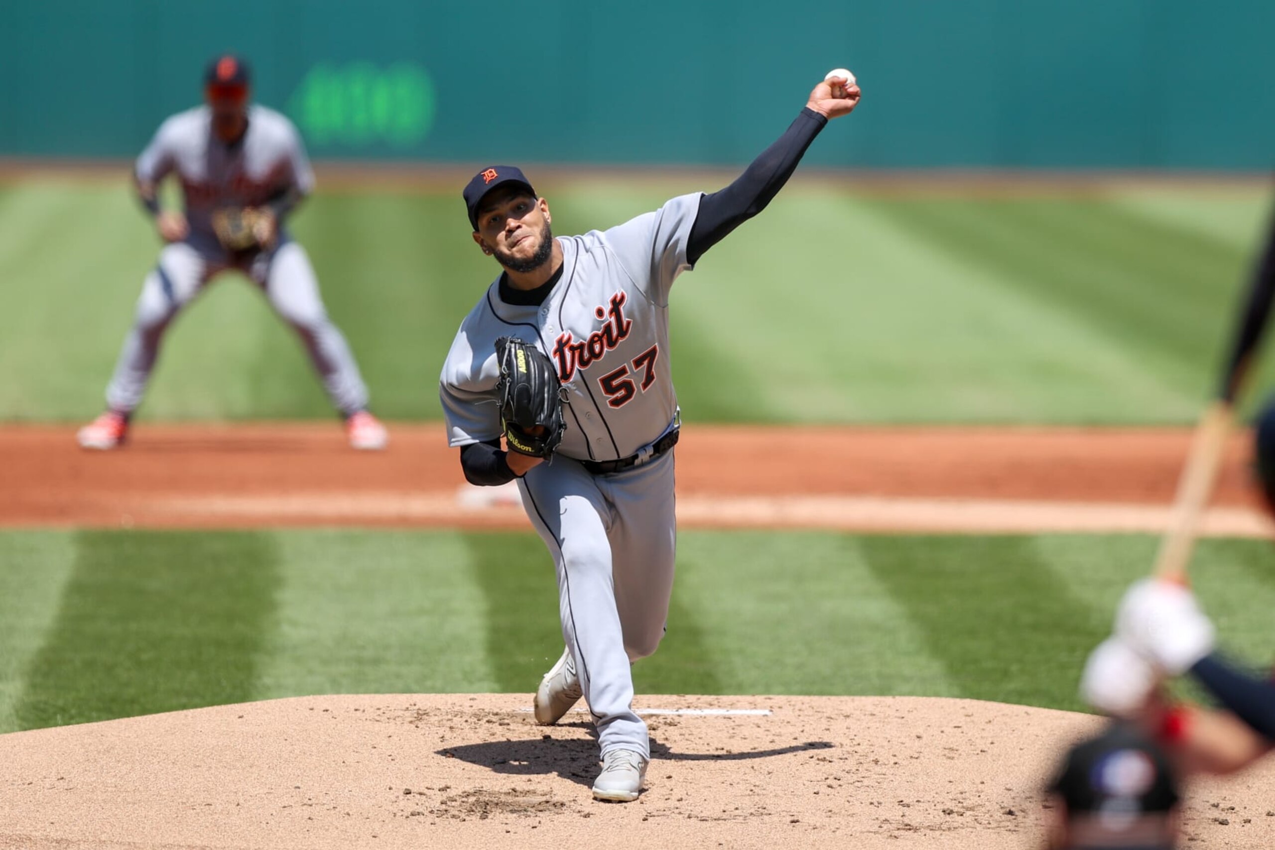 CLEVELAND, OH - MAY 10: Detroit Tigers starting pitcher Eduardo Rodriguez (57) delivers a pitch to the plate during the first inning of the Major League Baseball game between the Detroit Tigers and Cleveland Guardians on May 10, 2023, at Progressive Field in Cleveland, OH.  (Photo by Frank Jansky/Icon Sportswire via Getty Images)