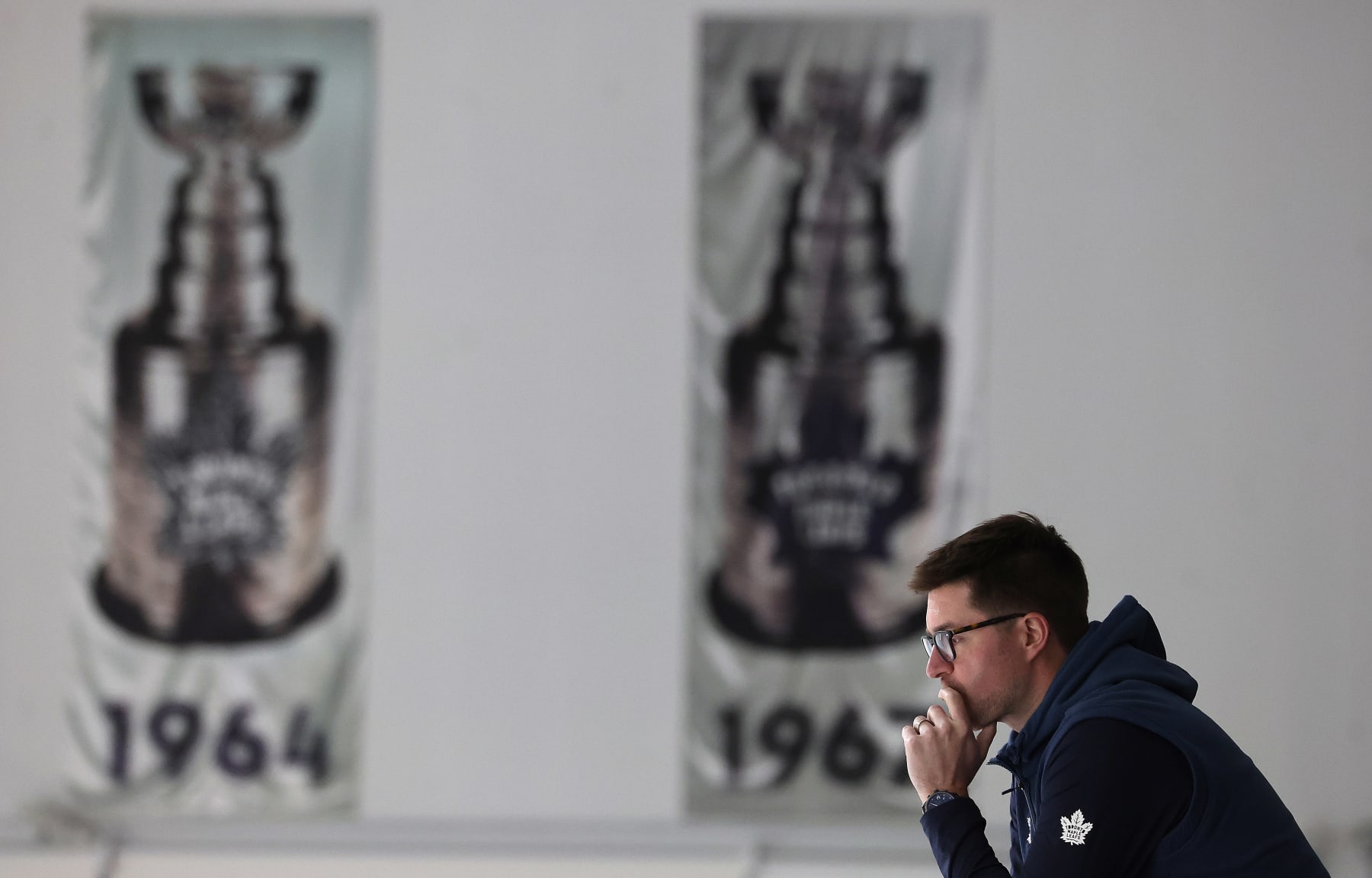 TORONTO, ON- MAY 3  -  Kyle Dubas watches as the Toronto Maple Leafs practice between games 1 and 2 for their second round of the NHL Stanley Cup playoffs series against the Florida Panthers    at Ford Performance Centre in Toronto. May 3, 2023.        (Steve Russell/Toronto Star via Getty Images)