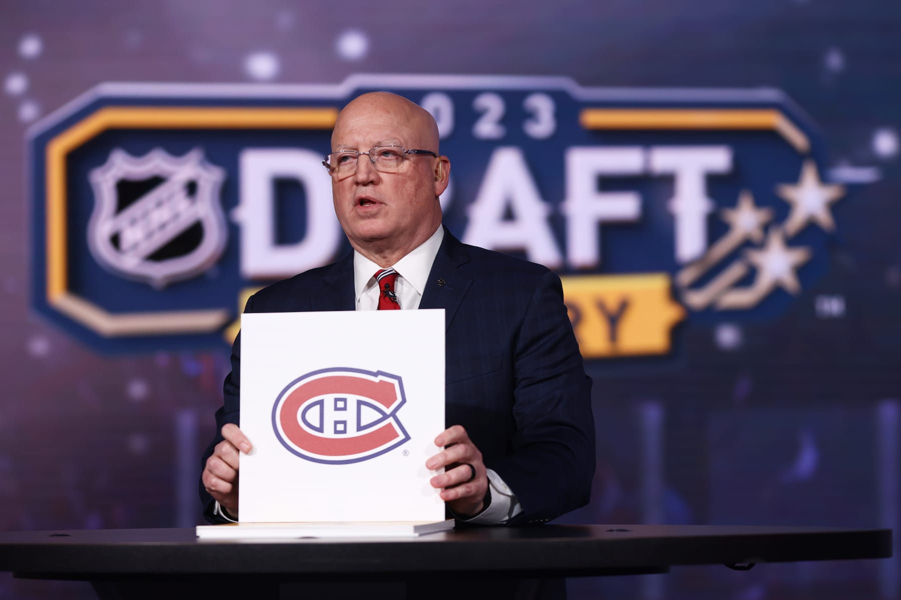 SECAUCUS, NEW JERSEY - MAY 08: National Hockey League Deputy Commissioner Bill Daly announces the Montreal Canadiens #5 overall draft position during the 2023 NHL Draft Lottery on May 08, 2023 at NHL Network Studio in Secaucus, New Jersey. (Photo by Mike Stobe/NHLI via Getty Images)