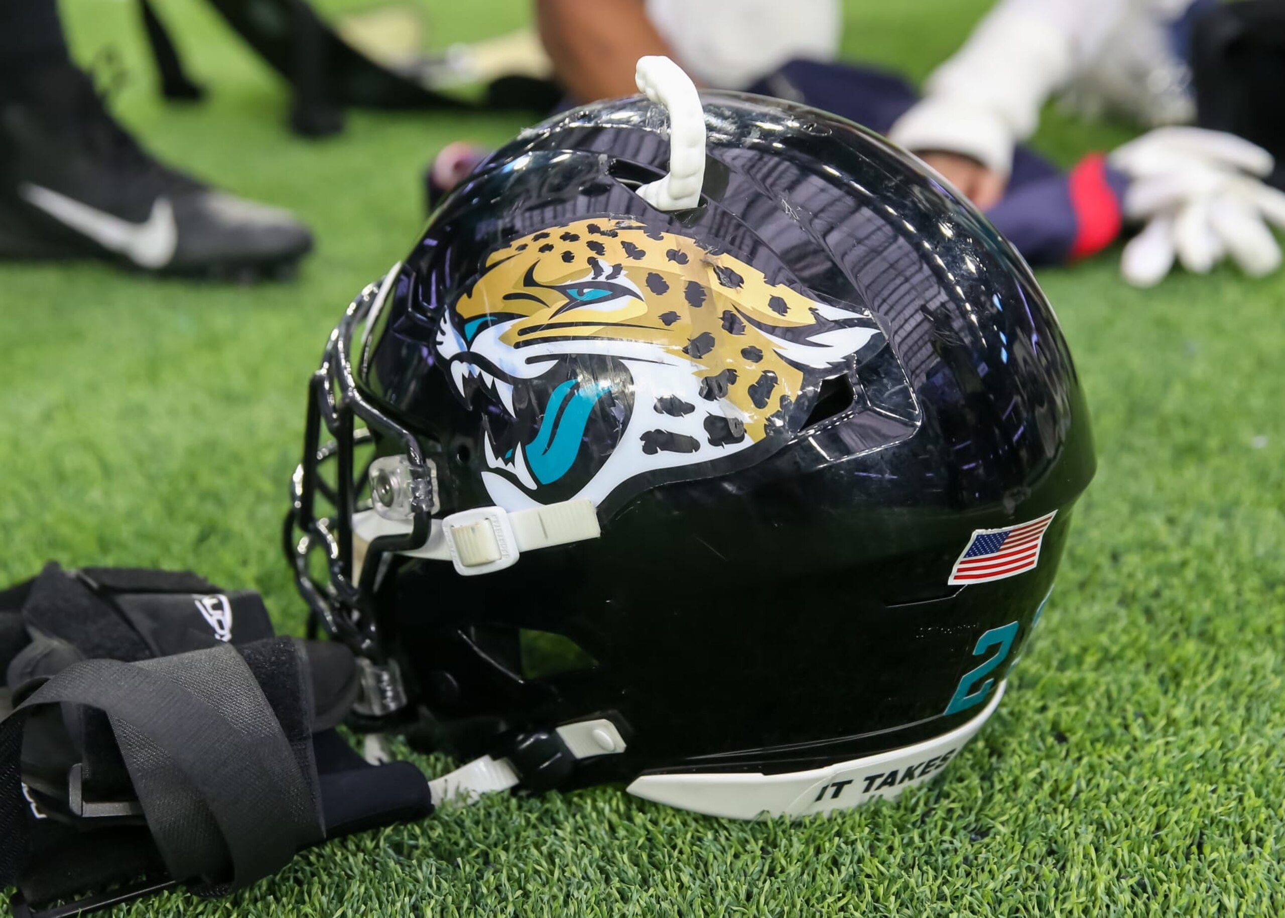 HOUSTON, TX - JANUARY 01:  Jacksonville Jaguars helmet rests on the field during the NFL game between the Jacksonville Jaguars and Houston Texans on January 1, 2023 at NRG Stadium at Houston, Texas.  (Photo by Leslie Plaza Johnson/Icon Sportswire via Getty Images)