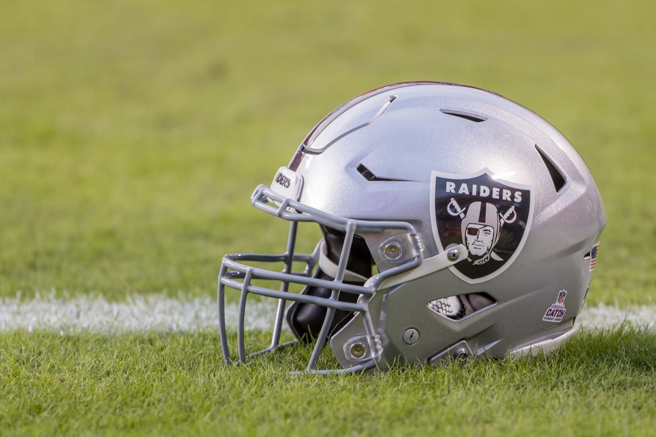 KANSAS CITY, MO - OCTOBER 10: Las Vegas Raiders helmet sits on the field prior to the game against the Kansas City Chiefs on October 10th, 2022 at GEHA field in Kansas City, Missouri. (Photo by William Purnell/Icon Sportswire via Getty Images)