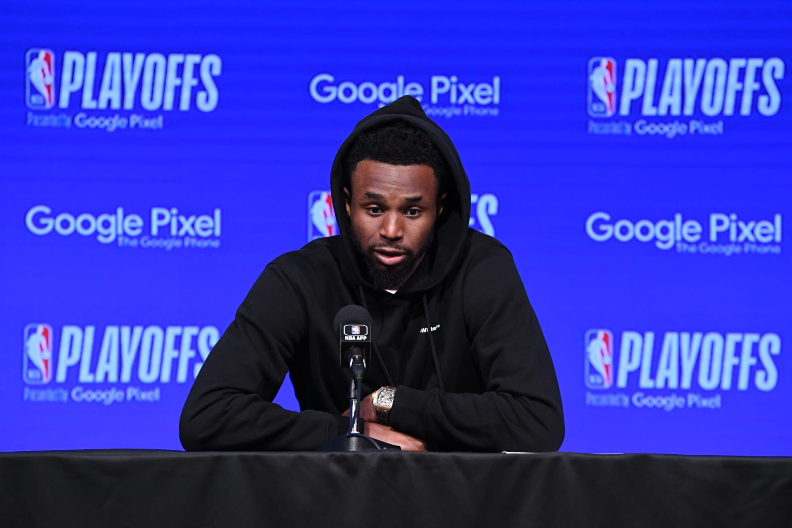 SAN FRANCISCO, CA - MAY 10: Andrew Wiggins #22 of the Golden State Warriors addresses the media after winning Game Five of the Western Conference Semi-Finals of the 2023 NBA Playoffs against the Los Angeles Lakers on May 10, 2023 at Chase Center in San Francisco, California. NOTE TO USER: User expressly acknowledges and agrees that, by downloading and or using this photograph, user is consenting to the terms and conditions of Getty Images License Agreement. Mandatory Copyright Notice: Copyright 2023 NBAE (Photo by Noah Graham/NBAE via Getty Images) SAN FRANCISCO, CA - MAY 10: Andrew Wiggins #22 of the Golden State Warriors addresses the media after winning Game Five of the Western Conference Semi-Finals of the 2023 NBA Playoffs against the Los Angeles Lakers on May 10, 2023 at Chase Center in San Francisco, California. NOTE TO USER: User expressly acknowledges and agrees that, by downloading and or using this photograph, user is consenting to the terms and conditions of Getty Images License Agreement. Mandatory Copyright Notice: Copyright 2023 NBAE (Photo by Noah Graham/NBAE via Getty Images)