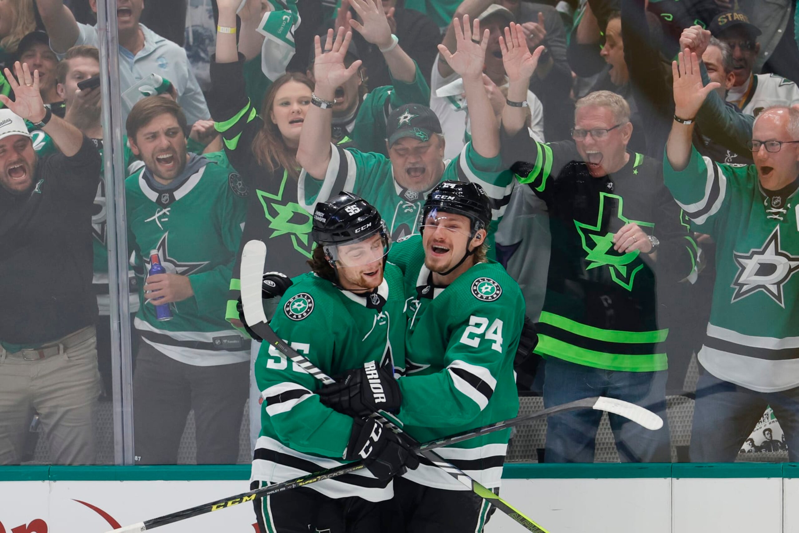 DALLAS, TEXAS - MAY 11: Roope Hintz #24 of the Dallas Stars celebrates his goal with Thomas Harley #55 during the first period against the Seattle Kraken in Game Five of the Second Round of the 2023 Stanley Cup Playoffs at American Airlines Center on May 11, 2023 in Dallas, Texas. (Photo by Carmen Mandato/Getty Images) DALLAS, TEXAS - MAY 11: Roope Hintz #24 of the Dallas Stars celebrates his goal with Thomas Harley #55 during the first period against the Seattle Kraken in Game Five of the Second Round of the 2023 Stanley Cup Playoffs at American Airlines Center on May 11, 2023 in Dallas, Texas. (Photo by Carmen Mandato/Getty Images)