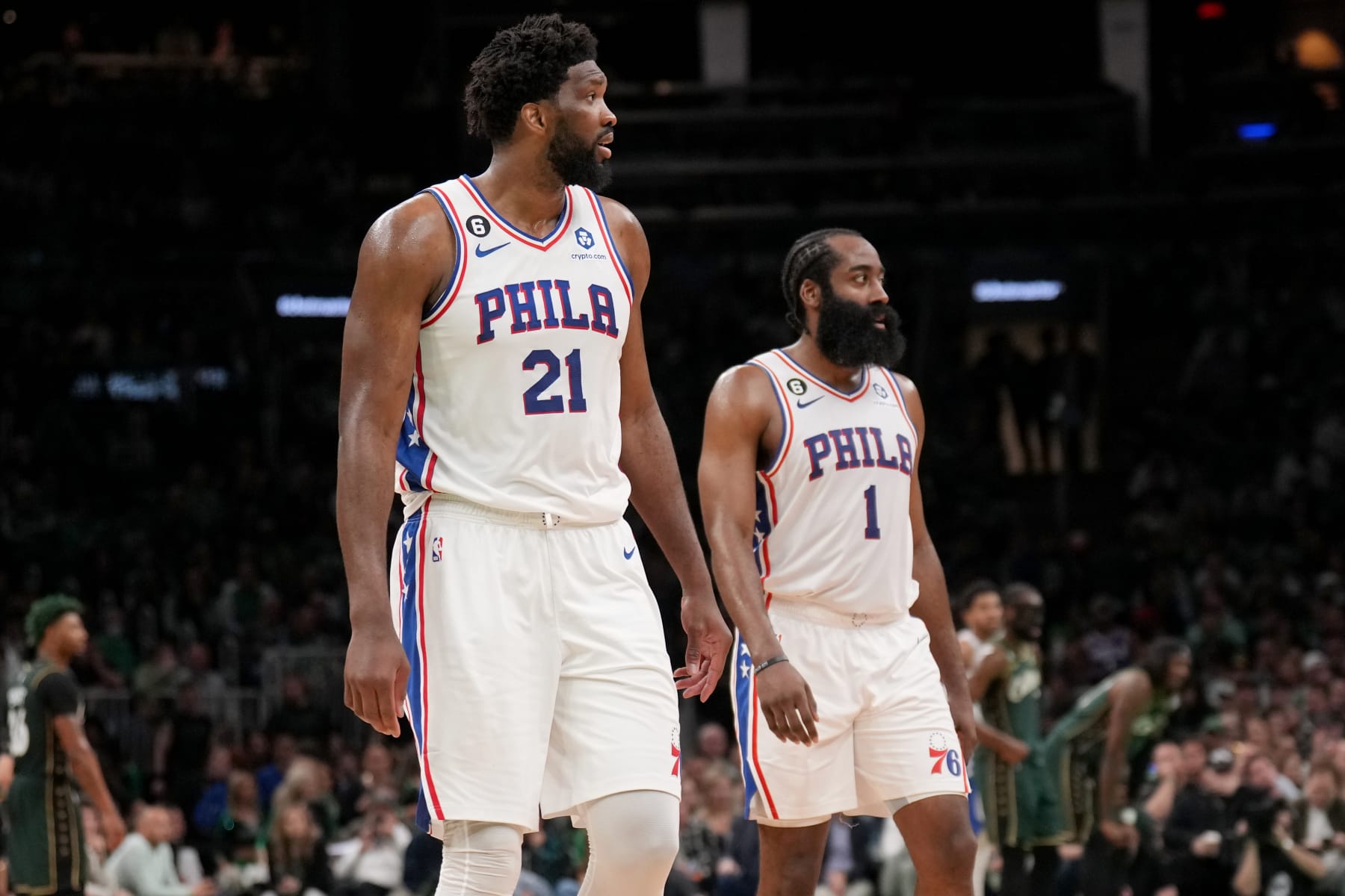 BOSTON, MA - MAY 9: James Harden #1 of the Philadelphia 76ers talks with Joel Embiid #21 of the Philadelphia 76ers during the game against the Boston Celtics during Game 5 of the 2023 NBA Playoffs Eastern Conference semi-finals on May 9, 2023 at the TD Garden in Boston, Massachusetts. NOTE TO USER: User expressly acknowledges and agrees that, by downloading and or using this photograph, User is consenting to the terms and conditions of the Getty Images License Agreement. Mandatory Copyright Notice: Copyright 2023 NBAE  (Photo by Jesse D. Garrabrant/NBAE via Getty Images)