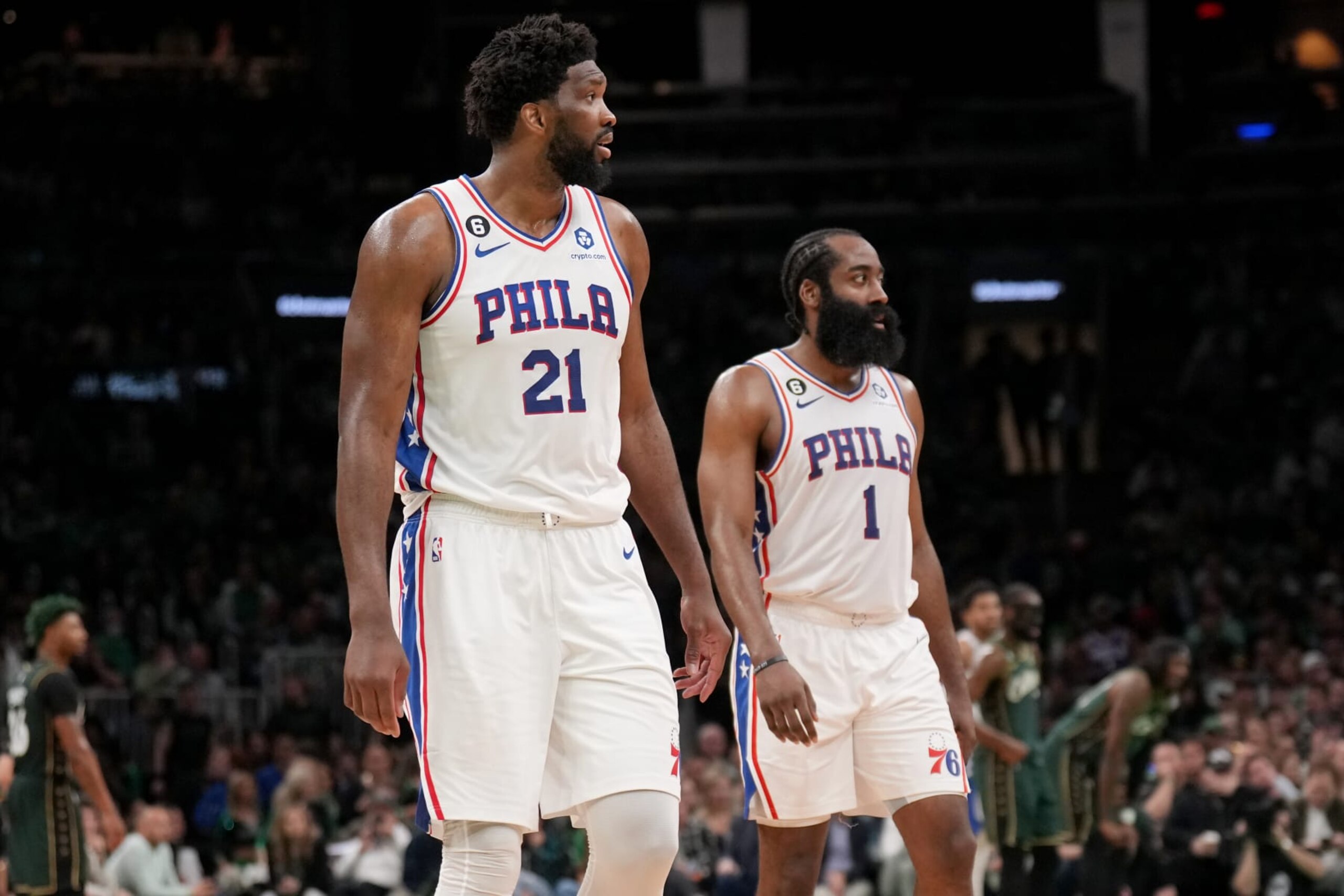 BOSTON, MA - MAY 9: James Harden #1 of the Philadelphia 76ers talks with Joel Embiid #21 of the Philadelphia 76ers during the game against the Boston Celtics during Game 5 of the 2023 NBA Playoffs Eastern Conference semi-finals on May 9, 2023 at the TD Garden in Boston, Massachusetts. NOTE TO USER: User expressly acknowledges and agrees that, by downloading and or using this photograph, User is consenting to the terms and conditions of the Getty Images License Agreement. Mandatory Copyright Notice: Copyright 2023 NBAE  (Photo by Jesse D. Garrabrant/NBAE via Getty Images)