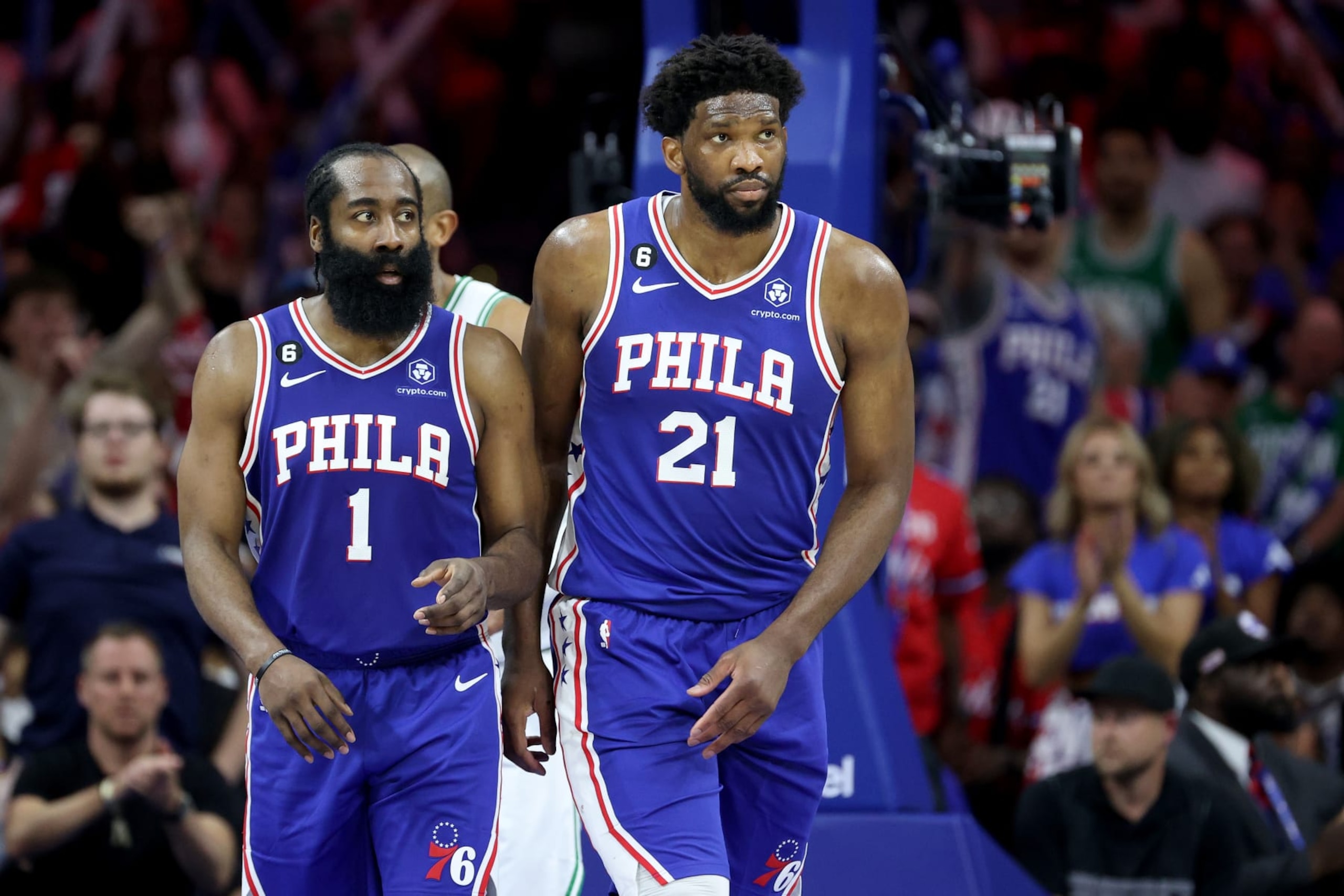 PHILADELPHIA, PENNSYLVANIA - MAY 11: 1James Harden #1 and Joel Embiid #21 of the Philadelphia 76ers talk against the Boston Celtics during the third quarter in game six of the Eastern Conference Semifinals in the 2023 NBA Playoffs at Wells Fargo Center on May 11, 2023 in Philadelphia, Pennsylvania. NOTE TO USER: User expressly acknowledges and agrees that, by downloading and or using this photograph, User is consenting to the terms and conditions of the Getty Images License Agreement. (Photo by Tim Nwachukwu/Getty Images) PHILADELPHIA, PENNSYLVANIA - MAY 11: 1James Harden #1 and Joel Embiid #21 of the Philadelphia 76ers talk against the Boston Celtics during the third quarter in game six of the Eastern Conference Semifinals in the 2023 NBA Playoffs at Wells Fargo Center on May 11, 2023 in Philadelphia, Pennsylvania. NOTE TO USER: User expressly acknowledges and agrees that, by downloading and or using this photograph, User is consenting to the terms and conditions of the Getty Images License Agreement. (Photo by Tim Nwachukwu/Getty Images)