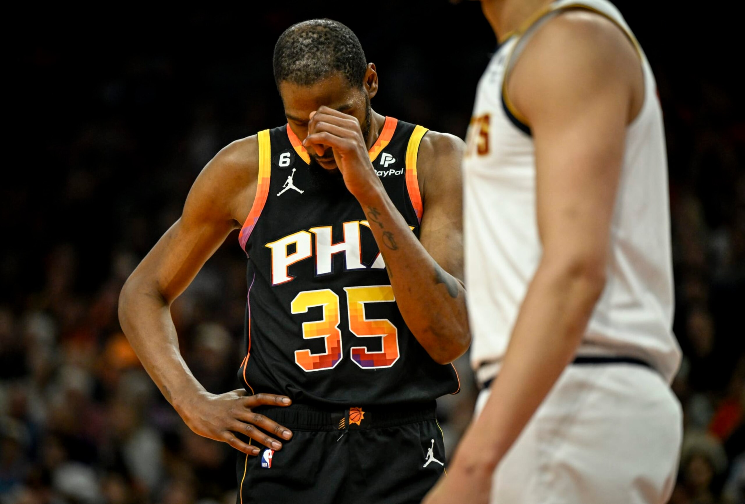 PHOENIX, AZ - MAY 11: Kevin Durant (35) of the Phoenix Suns taps his head during the second quarter against the Denver Nuggets at Footprint Center in Phoenix on Thursday, May 11, 2023. (Photo by AAron Ontiveroz/The Denver Post) PHOENIX, AZ - MAY 11: Kevin Durant (35) of the Phoenix Suns taps his head during the second quarter against the Denver Nuggets at Footprint Center in Phoenix on Thursday, May 11, 2023. (Photo by AAron Ontiveroz/The Denver Post)