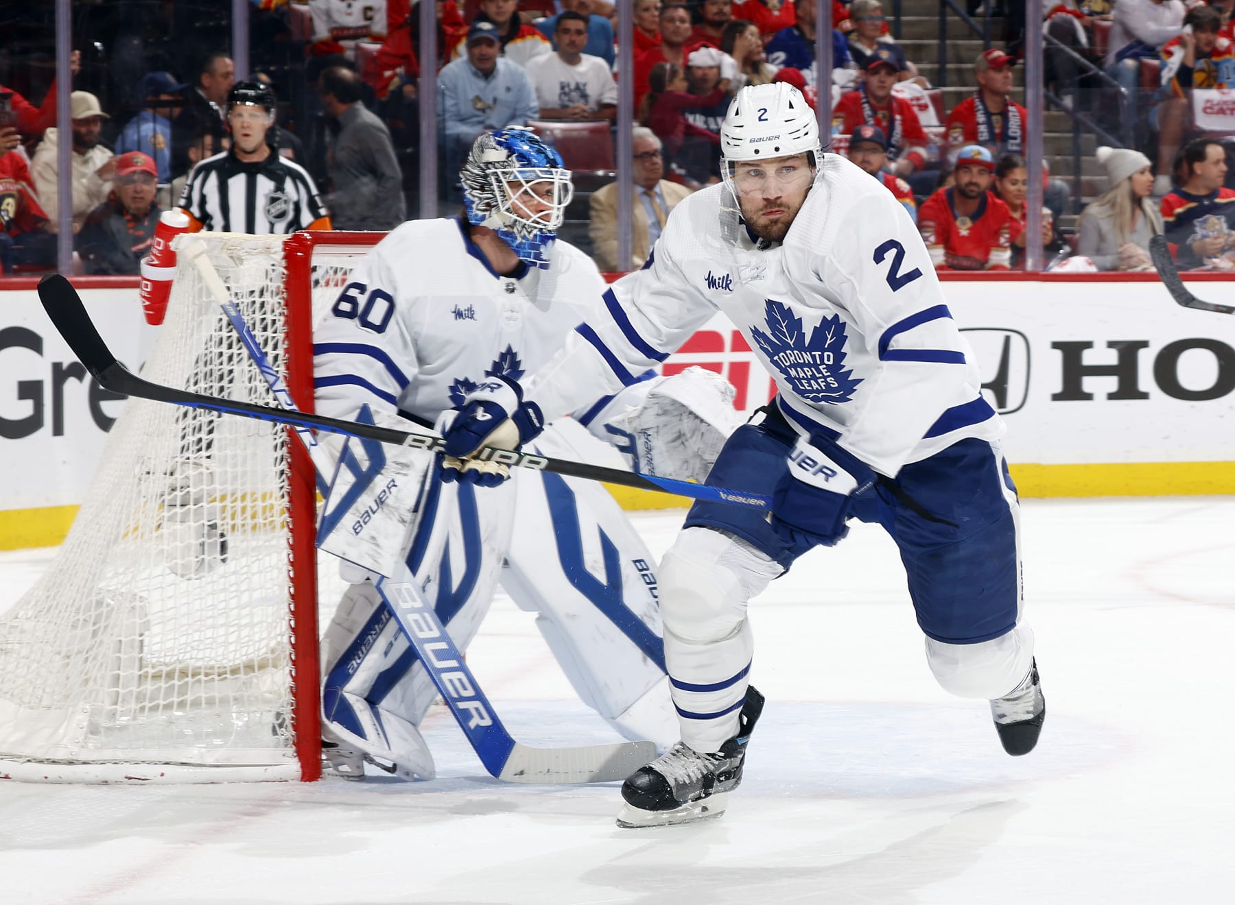 SUNRISE, FL - MAY 10: Luke Schenn #2 of the Toronto Maple Leafs skates after a loose puck against the Florida Panthers in Game Four of the Second Round of the 2023 Stanley Cup Playoffs at the FLA Live Arena on May 10, 2023 in Sunrise, Florida. The Maple Leafs defeated the Panthers 2-1. (Photo by Joel Auerbach/Getty Images)