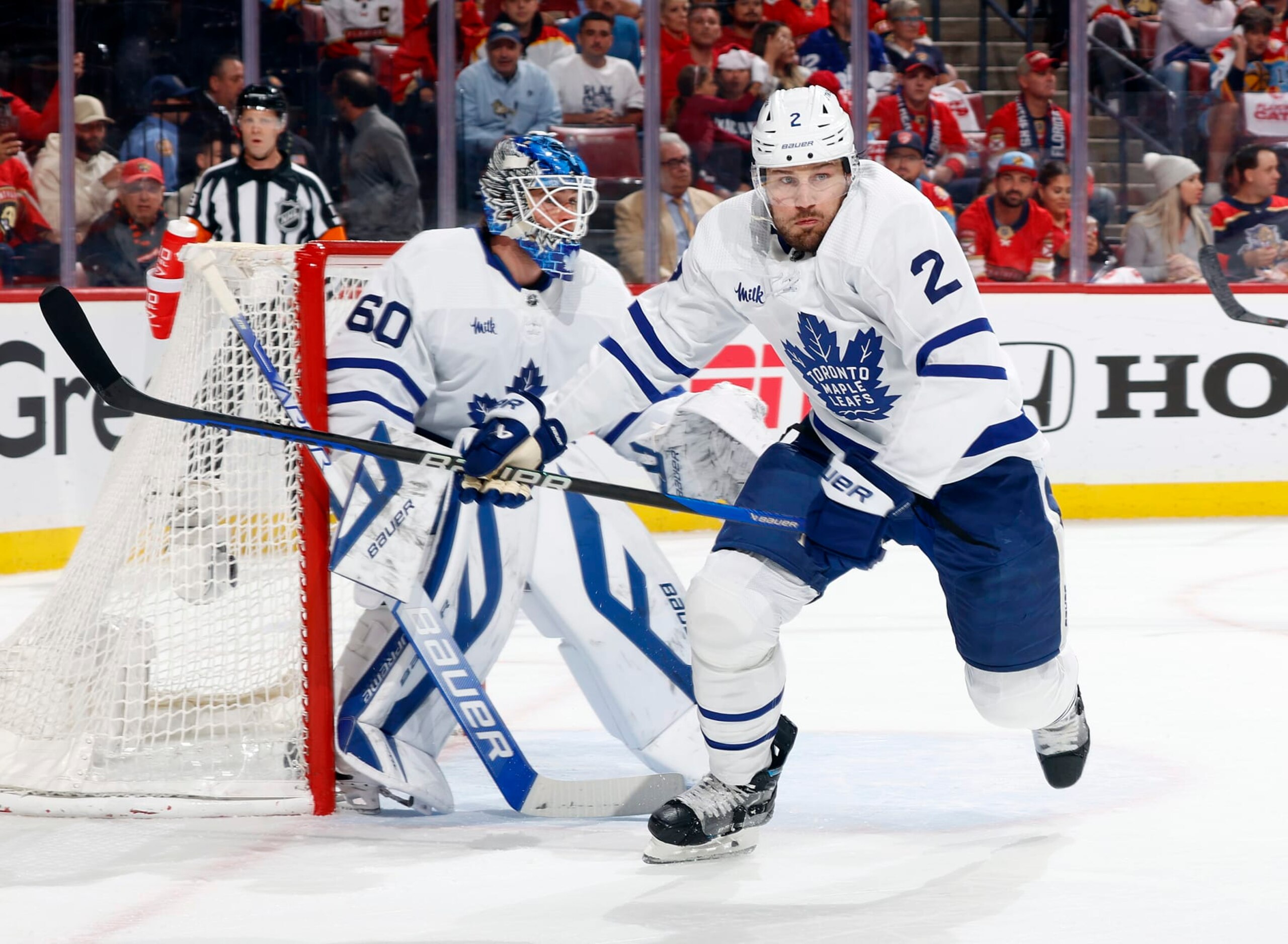 SUNRISE, FL - MAY 10: Luke Schenn #2 of the Toronto Maple Leafs skates after a loose puck against the Florida Panthers in Game Four of the Second Round of the 2023 Stanley Cup Playoffs at the FLA Live Arena on May 10, 2023 in Sunrise, Florida. The Maple Leafs defeated the Panthers 2-1. (Photo by Joel Auerbach/Getty Images)