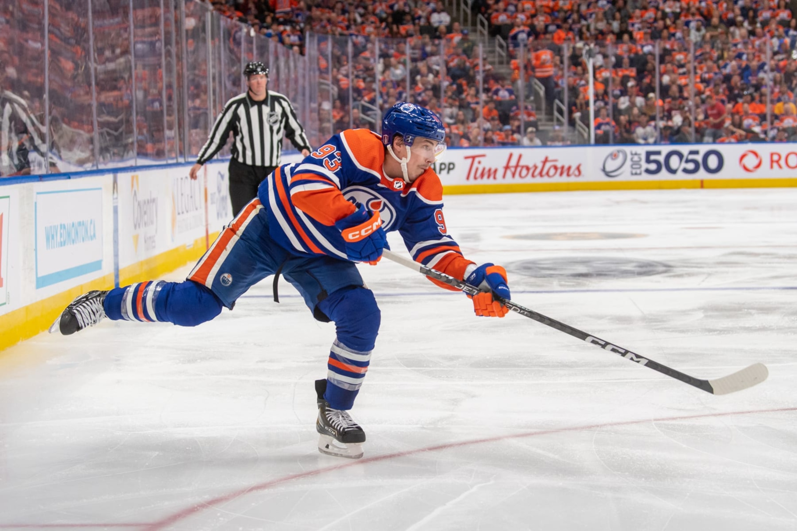 EDMONTON, CANADA - MAY 10: Ryan Nugent-Hopkins #93 of the Edmonton Oilers shoots the puck against the Vegas Golden Knights in Game Four of the Second Round of the 2023 Stanley Cup Playoffs at Rogers Place on May 10, 2023, in Edmonton, Alberta, Canada. (Photo by Andy Devlin/NHLI via Getty Images)