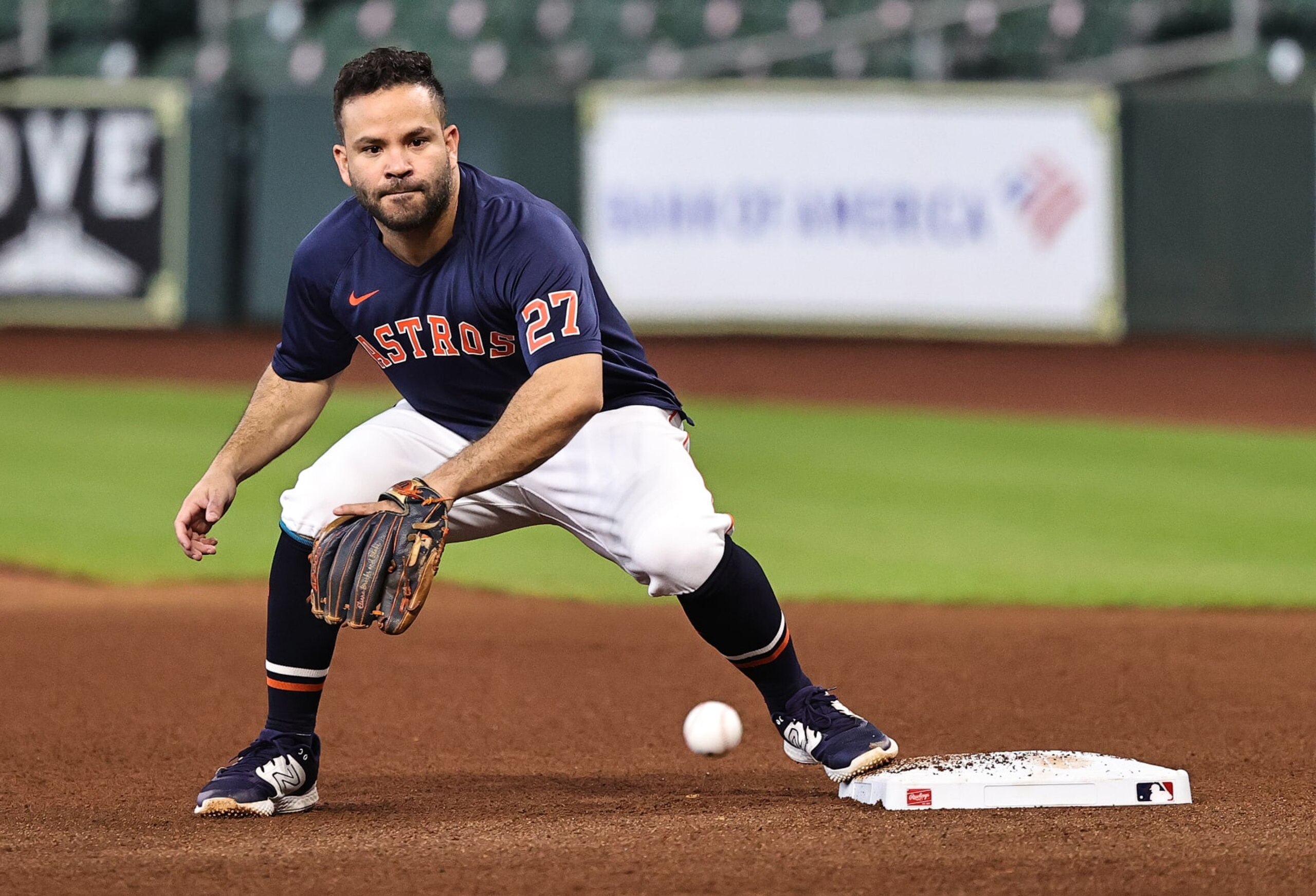 HOUSTON, TEXAS - MAY 03: Jose Altuve #27 of the Houston Astros takes infield as he continues to rehab a broken right thumb at Minute Maid Park on May 03, 2023 in Houston, Texas. (Photo by Bob Levey/Getty Images)