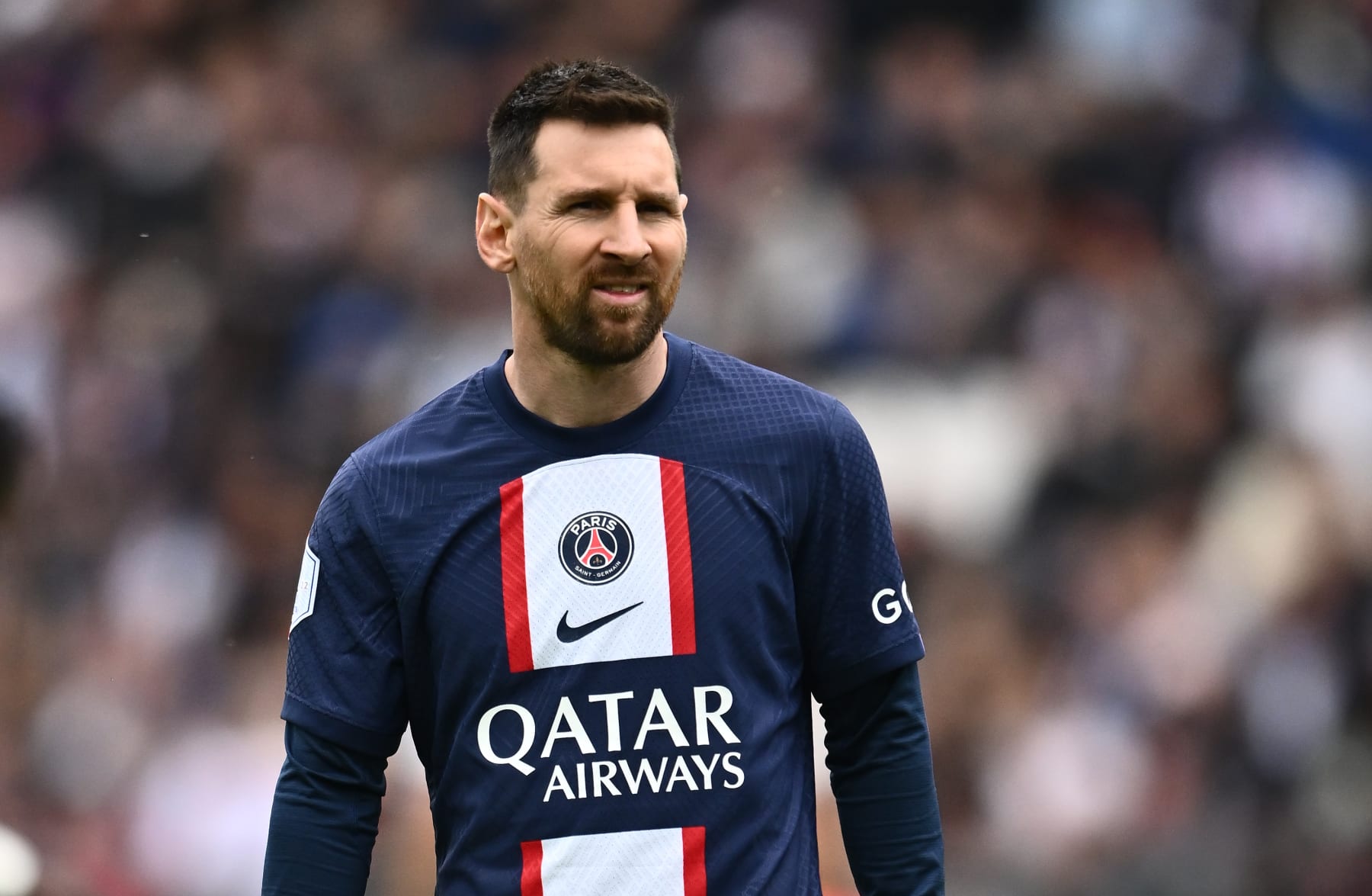 PARIS, FRANCE - APRIL 30: Lionel Messi of PSG during the Ligue 1 match between Paris Saint-Germain and FC Lorient at Parc des Princes on April 30, 2023 in Paris, France. (Photo by Sebastian Frej/MB Media/Getty Images)