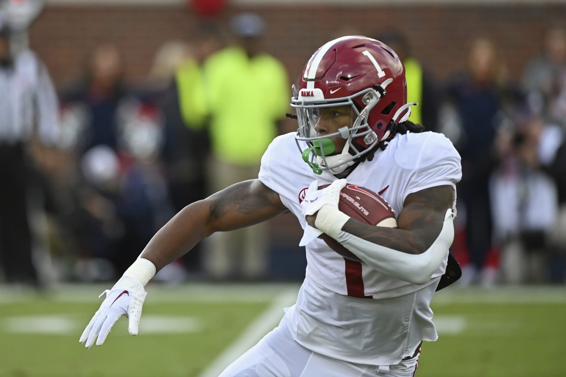 Alabama running back Jahmyr Gibbs (1) runs the ball during the first half of an NCAA college football game against Mississippi in Oxford, Miss., Saturday, Nov. 12, 2022. (AP Photo/Thomas Graning)