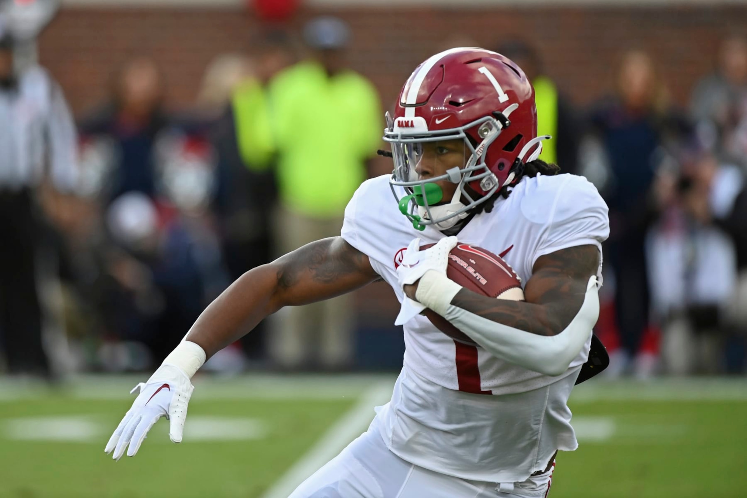 Alabama running back Jahmyr Gibbs (1) runs the ball during the first half of an NCAA college football game against Mississippi in Oxford, Miss., Saturday, Nov. 12, 2022. (AP Photo/Thomas Graning) Alabama running back Jahmyr Gibbs (1) runs the ball during the first half of an NCAA college football game against Mississippi in Oxford, Miss., Saturday, Nov. 12, 2022. (AP Photo/Thomas Graning)