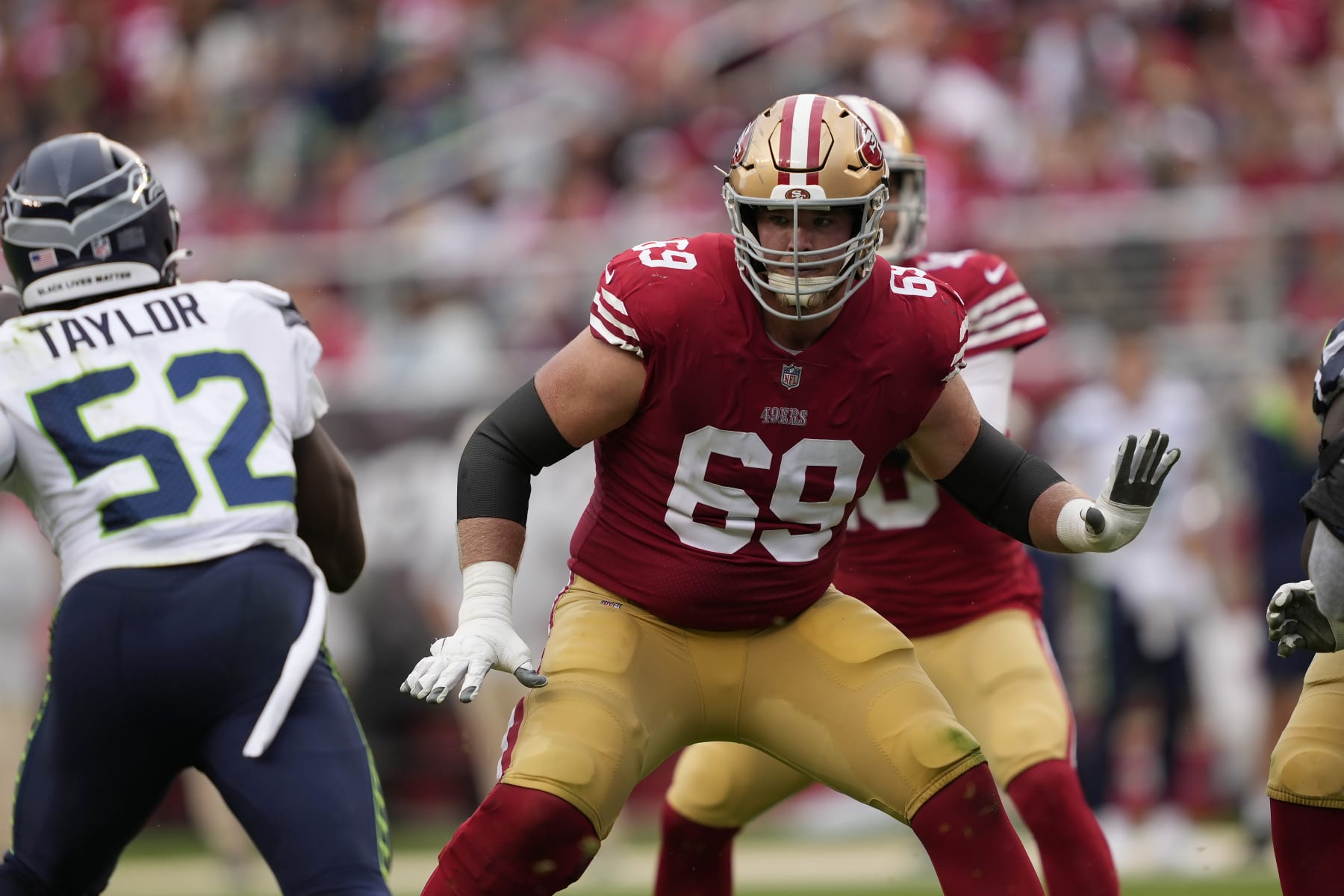 San Francisco 49ers offensive tackle Mike McGlinchey (69) during an NFL football game against the Seattle Seahawks in Santa Clara, Calif., Sunday, Sept. 18, 2022. (AP Photo/Tony Avelar)