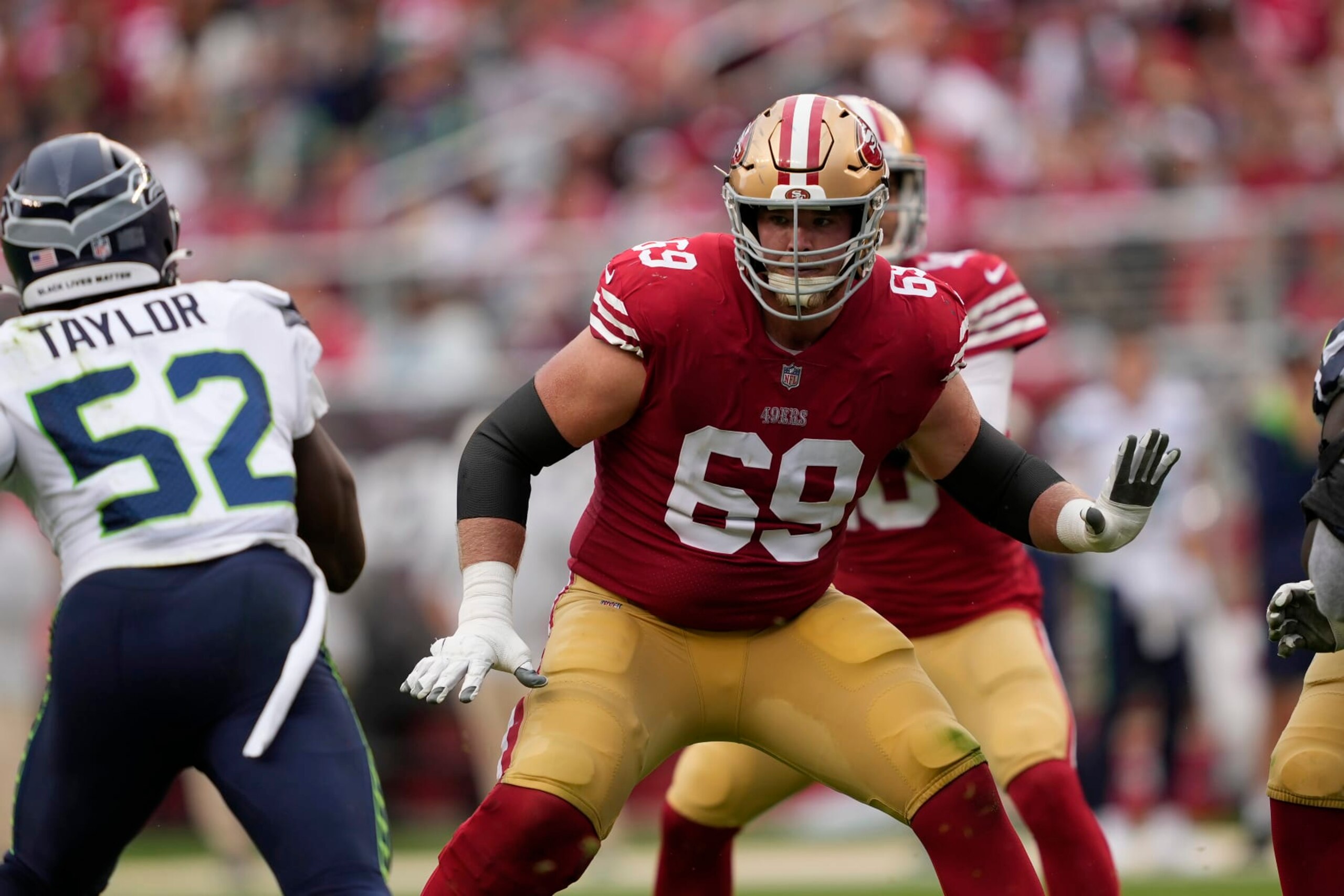 San Francisco 49ers offensive tackle Mike McGlinchey (69) during an NFL football game against the Seattle Seahawks in Santa Clara, Calif., Sunday, Sept. 18, 2022. (AP Photo/Tony Avelar) San Francisco 49ers offensive tackle Mike McGlinchey (69) during an NFL football game against the Seattle Seahawks in Santa Clara, Calif., Sunday, Sept. 18, 2022. (AP Photo/Tony Avelar)