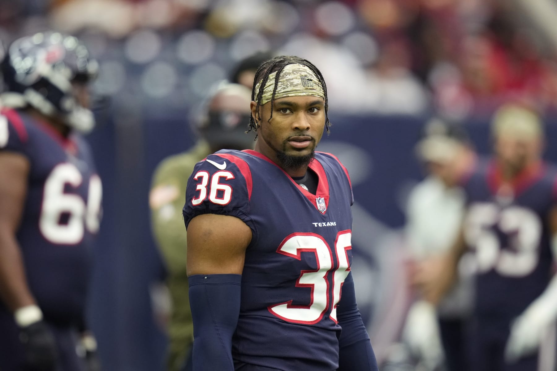 Houston Texans safety Jonathan Owens (36) warms up before an NFL football game against the Washington Commanders Sunday, Nov. 20, 2022, in Houston. (AP Photo/Eric Christian Smith)