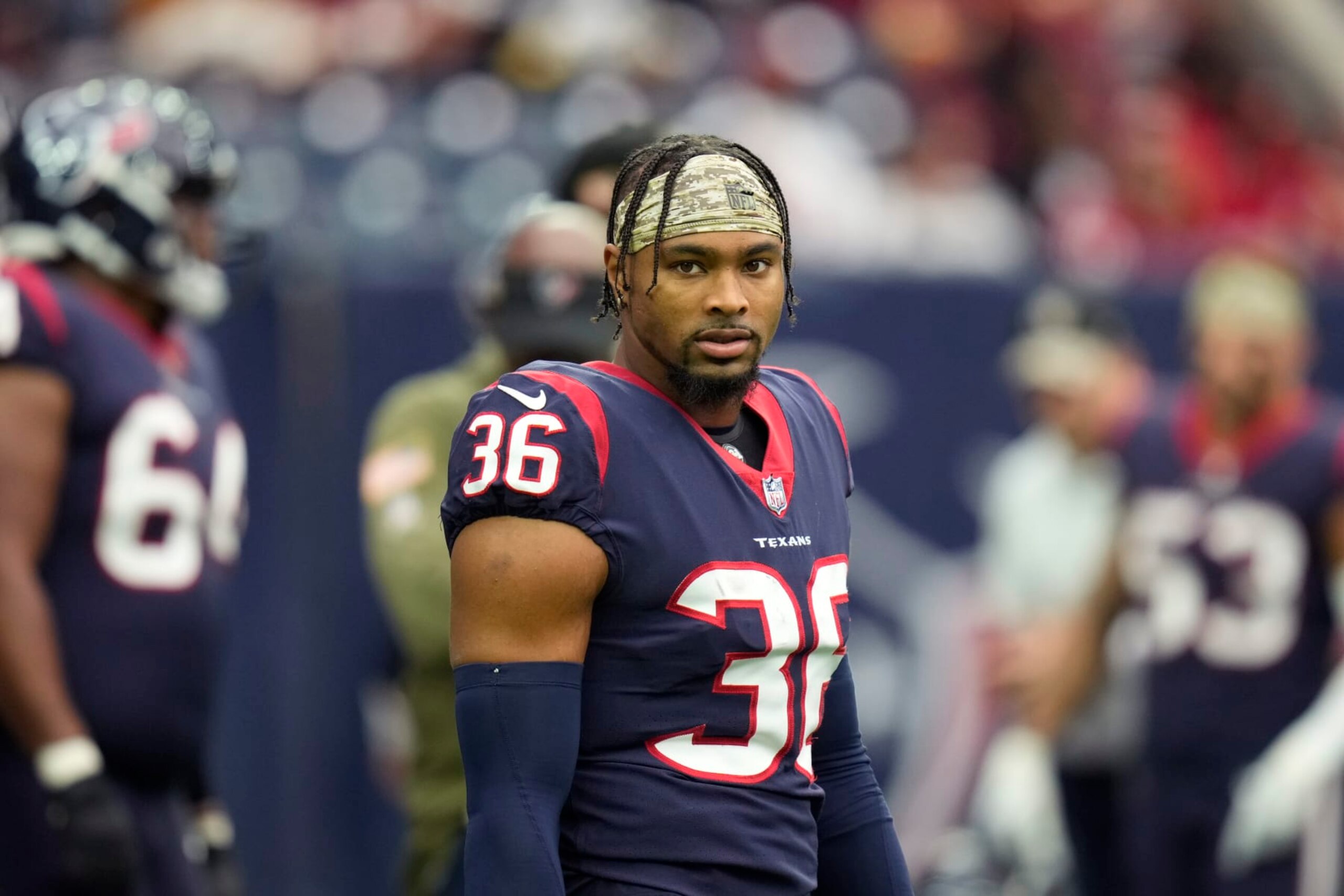 Houston Texans safety Jonathan Owens (36) warms up before an NFL football game against the Washington Commanders Sunday, Nov. 20, 2022, in Houston. (AP Photo/Eric Christian Smith)