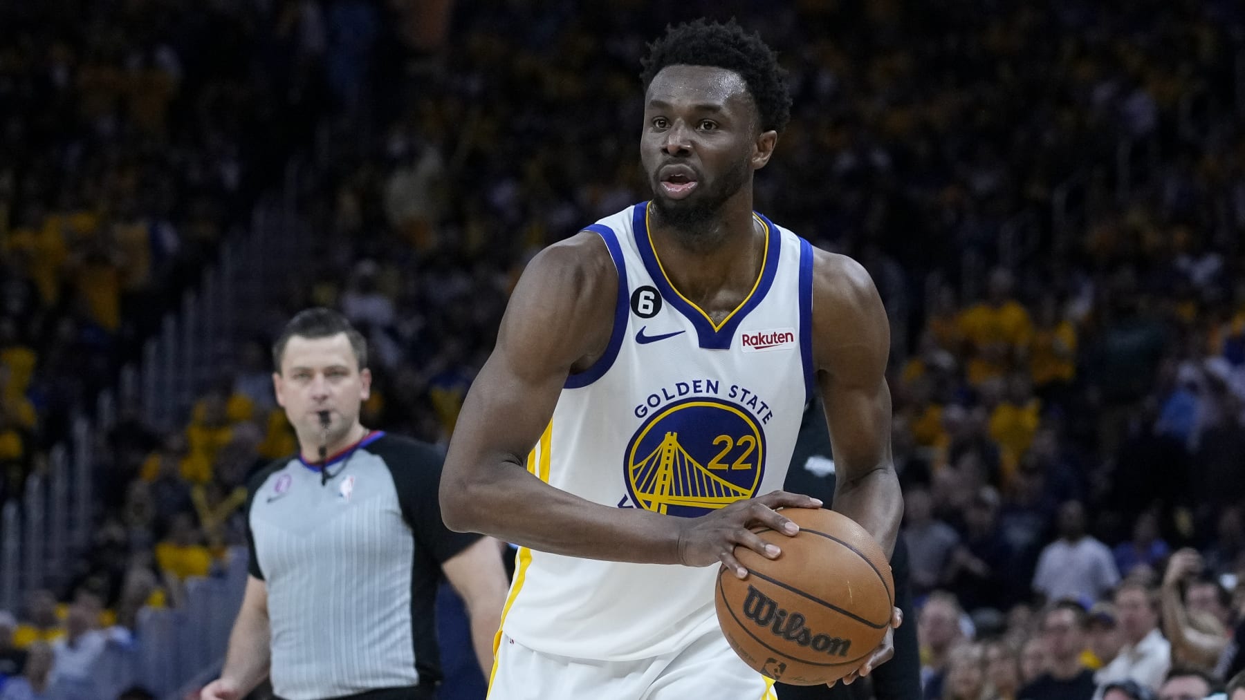 Golden State Warriors forward Andrew Wiggins against the Los Angeles Lakers during the second half of Game 5 of an NBA basketball second-round playoff series, Wednesday, May 10, 2023, in San Francisco. (AP Photo/Godofredo A. Vásquez)