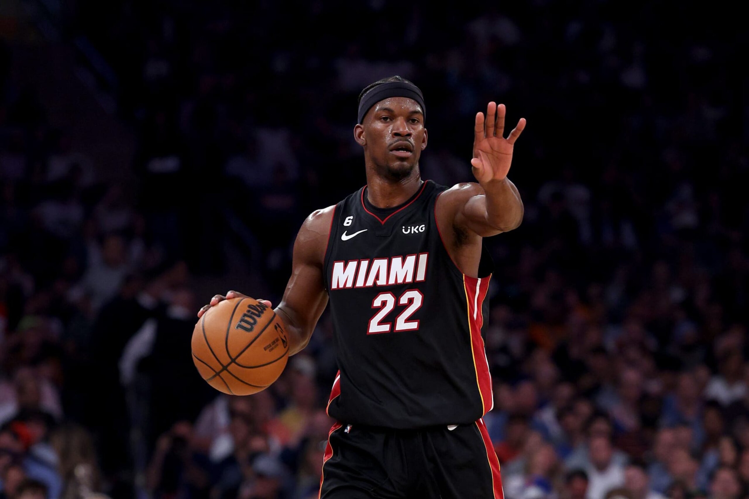 NEW YORK, NEW YORK - MAY 10: Jimmy Butler #22 of the Miami Heat reacts against the New York Knicks during the first half in game five of the Eastern Conference Semifinals in the 2023 NBA Playoffs at Madison Square Garden on May 10, 2023 in New York City. NOTE TO USER: User expressly acknowledges and agrees that, by downloading and or using this photograph, User is consenting to the terms and conditions of the Getty Images License Agreement. (Photo by Elsa/Getty Images)